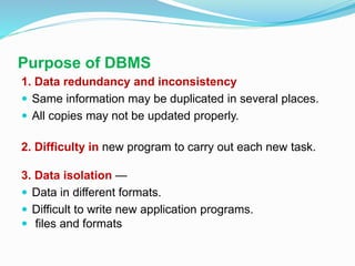 Purpose of DBMS
1. Data redundancy and inconsistency
 Same information may be duplicated in several places.
 All copies may not be updated properly.
2. Difficulty in new program to carry out each new task.
3. Data isolation —
 Data in different formats.
 Difficult to write new application programs.
 files and formats
 