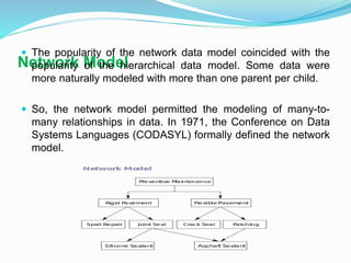 Network Model
 The popularity of the network data model coincided with the
popularity of the hierarchical data model. Some data were
more naturally modeled with more than one parent per child.
 So, the network model permitted the modeling of many-to-
many relationships in data. In 1971, the Conference on Data
Systems Languages (CODASYL) formally defined the network
model.
 