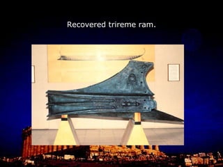 The oracle’s prophecies could be a bit confusing.  Themistocles interpreted them to mean that Athens should be abandoned and to trust that a wall of ships at Salamis would mean the deaths of many Persians. Others barricaded themselves on the acropolis and they were killed when the Persians sacked Athens and torched the acropolis. The Greeks brought 378 triremes at Salamis.  The Persians had 650-800 (this was down from 1,200 after a storm destroyed some… another prophecy). Xerxes set up a throne to watch the festivities. 