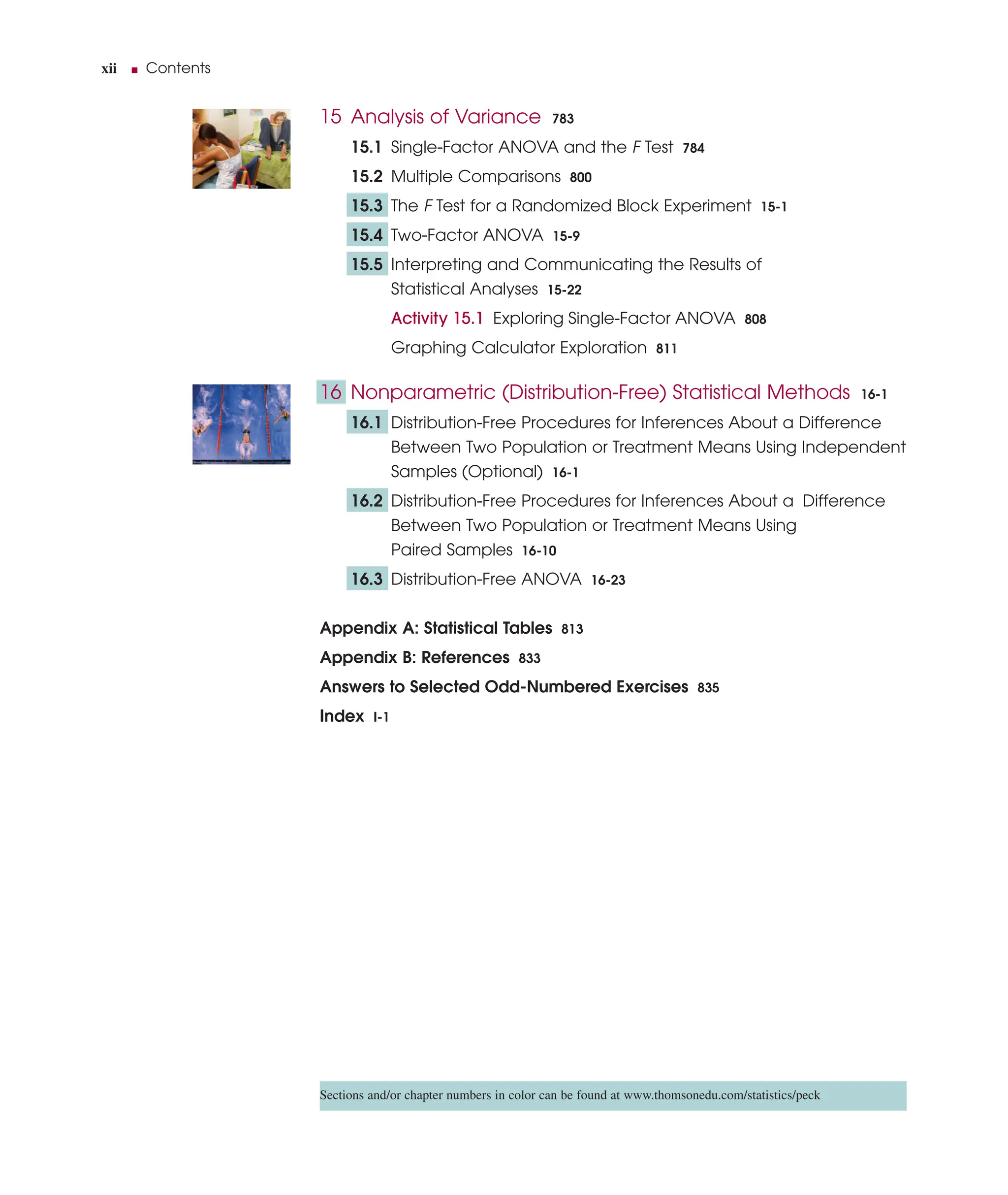 xii ■ Contents
Sections and/or chapter numbers in color can be found at www.thomsonedu.com/statistics/peck
15 Analysis of Variance 783
15.1 Single-Factor ANOVA and the F Test 784
15.2 Multiple Comparisons 800
15.3 The F Test for a Randomized Block Experiment 15-1
15.4 Two-Factor ANOVA 15-9
15.5 Interpreting and Communicating the Results of
Statistical Analyses 15-22
Activity 15.1 Exploring Single-Factor ANOVA 808
Graphing Calculator Exploration 811
16 Nonparametric (Distribution-Free) Statistical Methods 16-1
16.1 Distribution-Free Procedures for Inferences About a Difference
Between Two Population or Treatment Means Using Independent
Samples (Optional) 16-1
16.2 Distribution-Free Procedures for Inferences About a Difference
Between Two Population or Treatment Means Using
Paired Samples 16-10
16.3 Distribution-Free ANOVA 16-23
Appendix A: Statistical Tables 813
Appendix B: References 833
Answers to Selected Odd-Numbered Exercises 835
Index I-1
 