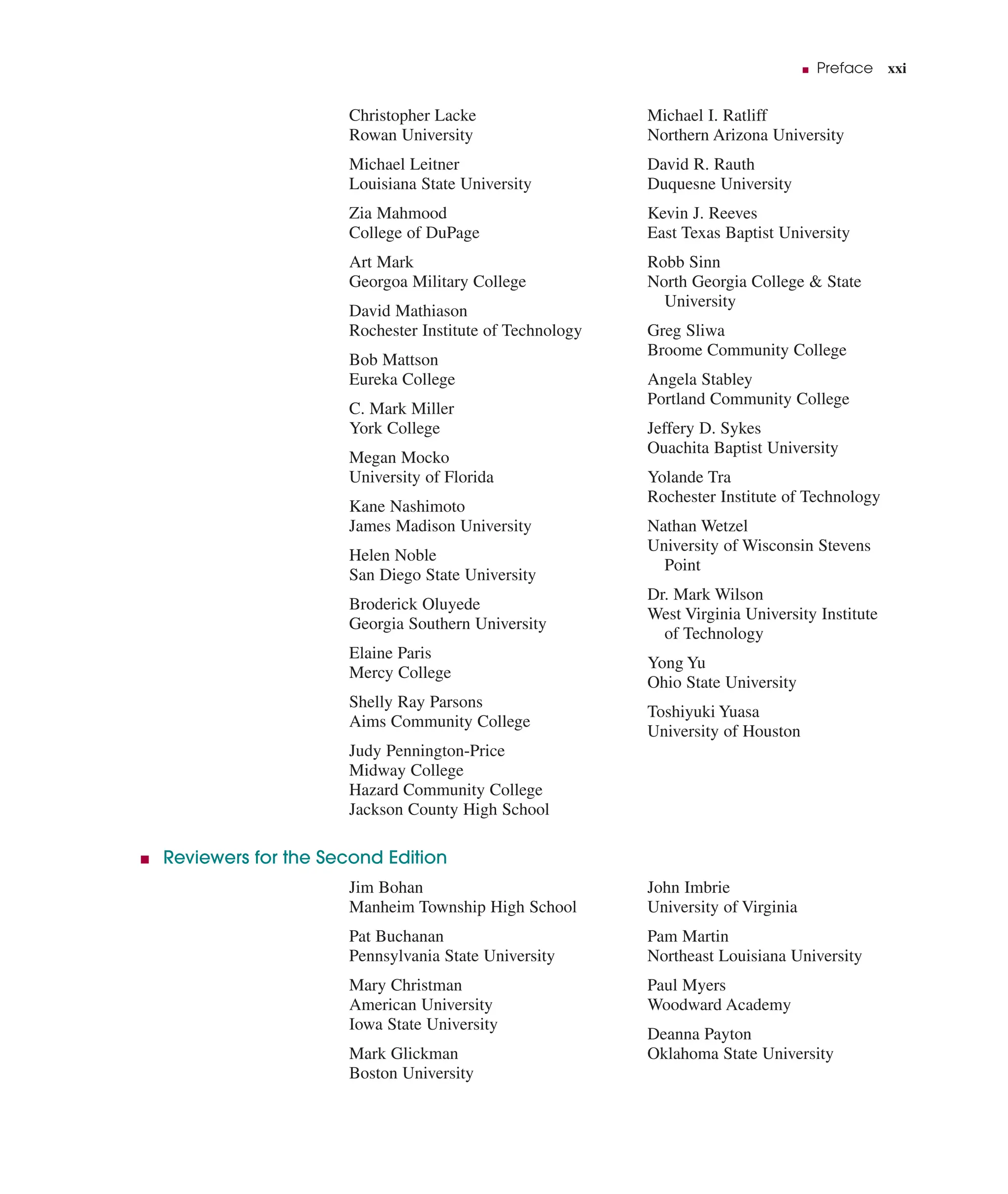 ■ Preface xxi
Christopher Lacke
Rowan University
Michael Leitner
Louisiana State University
Zia Mahmood
College of DuPage
Art Mark
Georgoa Military College
David Mathiason
Rochester Institute of Technology
Bob Mattson
Eureka College
C. Mark Miller
York College
Megan Mocko
University of Florida
Kane Nashimoto
James Madison University
Helen Noble
San Diego State University
Broderick Oluyede
Georgia Southern University
Elaine Paris
Mercy College
Shelly Ray Parsons
Aims Community College
Judy Pennington-Price
Midway College
Hazard Community College
Jackson County High School
Michael I. Ratliff
Northern Arizona University
David R. Rauth
Duquesne University
Kevin J. Reeves
East Texas Baptist University
Robb Sinn
North Georgia College & State
University
Greg Sliwa
Broome Community College
Angela Stabley
Portland Community College
Jeffery D. Sykes
Ouachita Baptist University
Yolande Tra
Rochester Institute of Technology
Nathan Wetzel
University of Wisconsin Stevens
Point
Dr. Mark Wilson
West Virginia University Institute
of Technology
Yong Yu
Ohio State University
Toshiyuki Yuasa
University of Houston
■ Reviewers for the Second Edition
Jim Bohan
Manheim Township High School
Pat Buchanan
Pennsylvania State University
Mary Christman
American University
Iowa State University
Mark Glickman
Boston University
John Imbrie
University of Virginia
Pam Martin
Northeast Louisiana University
Paul Myers
Woodward Academy
Deanna Payton
Oklahoma State University
 