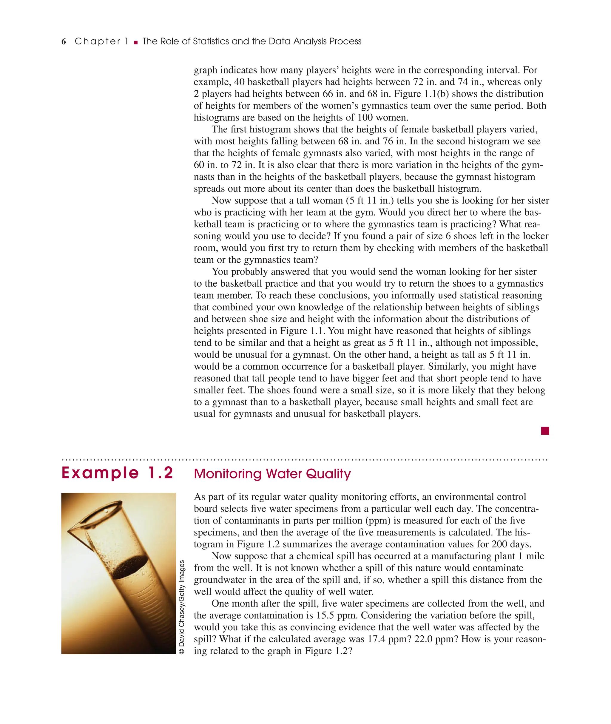 graph indicates how many players’ heights were in the corresponding interval. For
example, 40 basketball players had heights between 72 in. and 74 in., whereas only
2 players had heights between 66 in. and 68 in. Figure 1.1(b) shows the distribution
of heights for members of the women’s gymnastics team over the same period. Both
histograms are based on the heights of 100 women.
The ﬁrst histogram shows that the heights of female basketball players varied,
with most heights falling between 68 in. and 76 in. In the second histogram we see
that the heights of female gymnasts also varied, with most heights in the range of
60 in. to 72 in. It is also clear that there is more variation in the heights of the gym-
nasts than in the heights of the basketball players, because the gymnast histogram
spreads out more about its center than does the basketball histogram.
Now suppose that a tall woman (5 ft 11 in.) tells you she is looking for her sister
who is practicing with her team at the gym. Would you direct her to where the bas-
ketball team is practicing or to where the gymnastics team is practicing? What rea-
soning would you use to decide? If you found a pair of size 6 shoes left in the locker
room, would you ﬁrst try to return them by checking with members of the basketball
team or the gymnastics team?
You probably answered that you would send the woman looking for her sister
to the basketball practice and that you would try to return the shoes to a gymnastics
team member. To reach these conclusions, you informally used statistical reasoning
that combined your own knowledge of the relationship between heights of siblings
and between shoe size and height with the information about the distributions of
heights presented in Figure 1.1. You might have reasoned that heights of siblings
tend to be similar and that a height as great as 5 ft 11 in., although not impossible,
would be unusual for a gymnast. On the other hand, a height as tall as 5 ft 11 in.
would be a common occurrence for a basketball player. Similarly, you might have
reasoned that tall people tend to have bigger feet and that short people tend to have
smaller feet. The shoes found were a small size, so it is more likely that they belong
to a gymnast than to a basketball player, because small heights and small feet are
usual for gymnasts and unusual for basketball players.
■
..........................................................................................................................................
Example 1.2 Monitoring Water Quality
As part of its regular water quality monitoring efforts, an environmental control
board selects ﬁve water specimens from a particular well each day. The concentra-
tion of contaminants in parts per million (ppm) is measured for each of the ﬁve
specimens, and then the average of the ﬁve measurements is calculated. The his-
togram in Figure 1.2 summarizes the average contamination values for 200 days.
Now suppose that a chemical spill has occurred at a manufacturing plant 1 mile
from the well. It is not known whether a spill of this nature would contaminate
groundwater in the area of the spill and, if so, whether a spill this distance from the
well would affect the quality of well water.
One month after the spill, ﬁve water specimens are collected from the well, and
the average contamination is 15.5 ppm. Considering the variation before the spill,
would you take this as convincing evidence that the well water was affected by the
spill? What if the calculated average was 17.4 ppm? 22.0 ppm? How is your reason-
ing related to the graph in Figure 1.2?
6 C h a p t e r 1 ■ The Role of Statistics and the Data Analysis Process
©
David
Chasey/Getty
Images
 