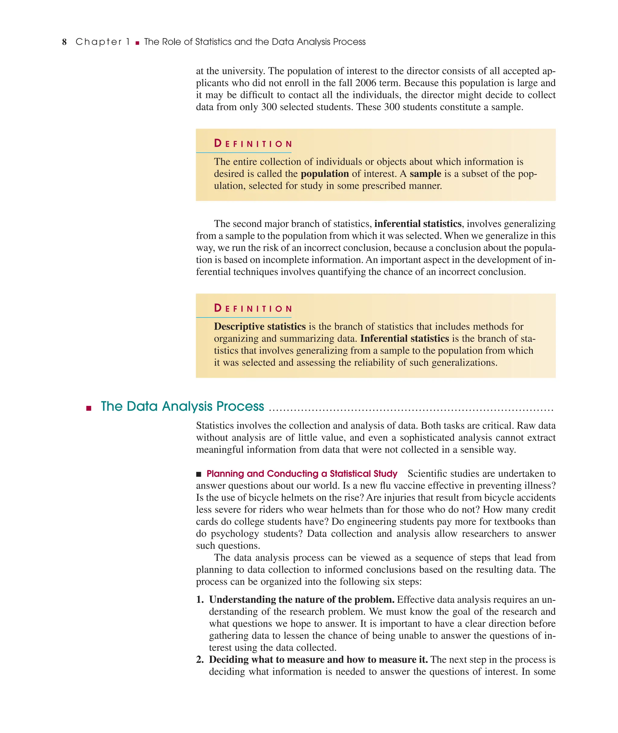 at the university. The population of interest to the director consists of all accepted ap-
plicants who did not enroll in the fall 2006 term. Because this population is large and
it may be difﬁcult to contact all the individuals, the director might decide to collect
data from only 300 selected students. These 300 students constitute a sample.
The second major branch of statistics, inferential statistics, involves generalizing
from a sample to the population from which it was selected. When we generalize in this
way, we run the risk of an incorrect conclusion, because a conclusion about the popula-
tion is based on incomplete information. An important aspect in the development of in-
ferential techniques involves quantifying the chance of an incorrect conclusion.
■ The Data Analysis Process ................................................................................
Statistics involves the collection and analysis of data. Both tasks are critical. Raw data
without analysis are of little value, and even a sophisticated analysis cannot extract
meaningful information from data that were not collected in a sensible way.
■ Planning and Conducting a Statistical Study Scientiﬁc studies are undertaken to
answer questions about our world. Is a new ﬂu vaccine effective in preventing illness?
Is the use of bicycle helmets on the rise? Are injuries that result from bicycle accidents
less severe for riders who wear helmets than for those who do not? How many credit
cards do college students have? Do engineering students pay more for textbooks than
do psychology students? Data collection and analysis allow researchers to answer
such questions.
The data analysis process can be viewed as a sequence of steps that lead from
planning to data collection to informed conclusions based on the resulting data. The
process can be organized into the following six steps:
1. Understanding the nature of the problem. Effective data analysis requires an un-
derstanding of the research problem. We must know the goal of the research and
what questions we hope to answer. It is important to have a clear direction before
gathering data to lessen the chance of being unable to answer the questions of in-
terest using the data collected.
2. Deciding what to measure and how to measure it. The next step in the process is
deciding what information is needed to answer the questions of interest. In some
D E F I N I T I O N
Descriptive statistics is the branch of statistics that includes methods for
organizing and summarizing data. Inferential statistics is the branch of sta-
tistics that involves generalizing from a sample to the population from which
it was selected and assessing the reliability of such generalizations.
D E F I N I T I O N
The entire collection of individuals or objects about which information is
desired is called the population of interest. A sample is a subset of the pop-
ulation, selected for study in some prescribed manner.
8 C h a p t e r 1 ■ The Role of Statistics and the Data Analysis Process
 