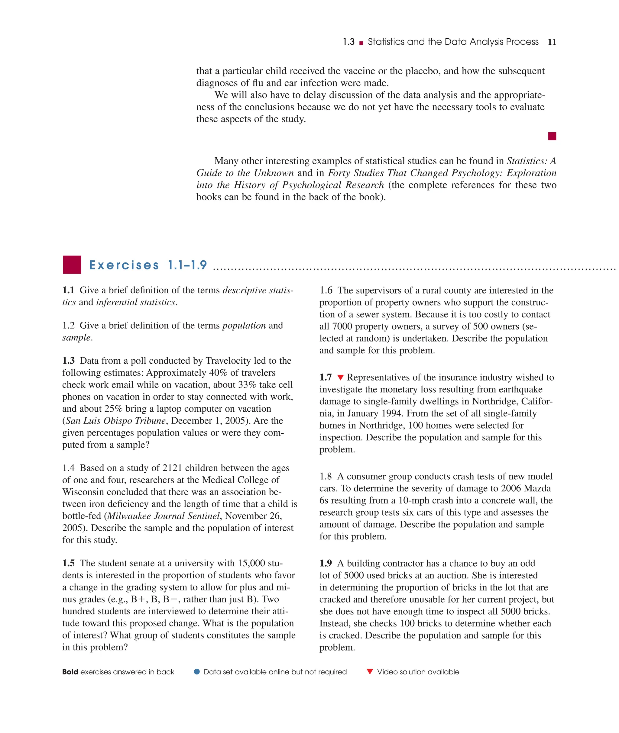 ■ E x e rc i s e s 1.1–1.9
1.1 Give a brief deﬁnition of the terms descriptive statis-
tics and inferential statistics.
1.2 Give a brief deﬁnition of the terms population and
sample.
1.3 Data from a poll conducted by Travelocity led to the
following estimates: Approximately 40% of travelers
check work email while on vacation, about 33% take cell
phones on vacation in order to stay connected with work,
and about 25% bring a laptop computer on vacation
(San Luis Obispo Tribune, December 1, 2005). Are the
given percentages population values or were they com-
puted from a sample?
1.4 Based on a study of 2121 children between the ages
of one and four, researchers at the Medical College of
Wisconsin concluded that there was an association be-
tween iron deﬁciency and the length of time that a child is
bottle-fed (Milwaukee Journal Sentinel, November 26,
2005). Describe the sample and the population of interest
for this study.
1.5 The student senate at a university with 15,000 stu-
dents is interested in the proportion of students who favor
a change in the grading system to allow for plus and mi-
nus grades (e.g., B, B, B, rather than just B). Two
hundred students are interviewed to determine their atti-
tude toward this proposed change. What is the population
of interest? What group of students constitutes the sample
in this problem?
1.6 The supervisors of a rural county are interested in the
proportion of property owners who support the construc-
tion of a sewer system. Because it is too costly to contact
all 7000 property owners, a survey of 500 owners (se-
lected at random) is undertaken. Describe the population
and sample for this problem.
1.7 ▼ Representatives of the insurance industry wished to
investigate the monetary loss resulting from earthquake
damage to single-family dwellings in Northridge, Califor-
nia, in January 1994. From the set of all single-family
homes in Northridge, 100 homes were selected for
inspection. Describe the population and sample for this
problem.
1.8 A consumer group conducts crash tests of new model
cars. To determine the severity of damage to 2006 Mazda
6s resulting from a 10-mph crash into a concrete wall, the
research group tests six cars of this type and assesses the
amount of damage. Describe the population and sample
for this problem.
1.9 A building contractor has a chance to buy an odd
lot of 5000 used bricks at an auction. She is interested
in determining the proportion of bricks in the lot that are
cracked and therefore unusable for her current project, but
she does not have enough time to inspect all 5000 bricks.
Instead, she checks 100 bricks to determine whether each
is cracked. Describe the population and sample for this
problem.
1.3 ■ Statistics and the Data Analysis Process 11
that a particular child received the vaccine or the placebo, and how the subsequent
diagnoses of ﬂu and ear infection were made.
We will also have to delay discussion of the data analysis and the appropriate-
ness of the conclusions because we do not yet have the necessary tools to evaluate
these aspects of the study.
■
Many other interesting examples of statistical studies can be found in Statistics: A
Guide to the Unknown and in Forty Studies That Changed Psychology: Exploration
into the History of Psychological Research (the complete references for these two
books can be found in the back of the book).
.................................................................................................................
Bold exercises answered in back ● Data set available online but not required ▼ Video solution available
 