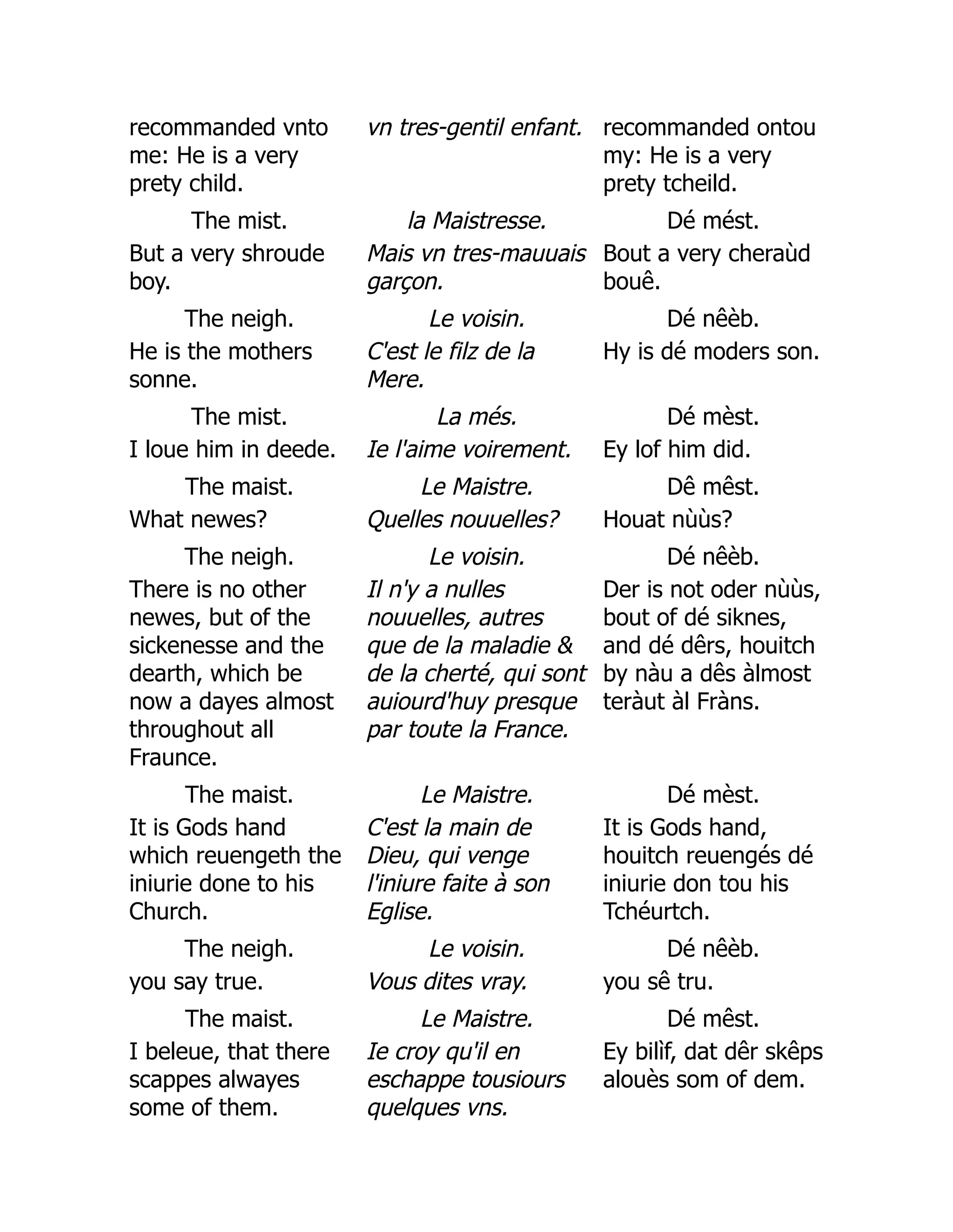 recommanded vnto
me: He is a very
prety child.
vn tres-gentil enfant. recommanded ontou
my: He is a very
prety tcheild.
The mist. la Maistresse. Dé mést.
But a very shroude
boy.
Mais vn tres-mauuais
garçon.
Bout a very cheraùd
bouê.
The neigh. Le voisin. Dé nêèb.
He is the mothers
sonne.
C'est le filz de la
Mere.
Hy is dé moders son.
The mist. La més. Dé mèst.
I loue him in deede. Ie l'aime voirement. Ey lof him did.
The maist. Le Maistre. Dê mêst.
What newes? Quelles nouuelles? Houat nùùs?
The neigh. Le voisin. Dé nêèb.
There is no other
newes, but of the
sickenesse and the
dearth, which be
now a dayes almost
throughout all
Fraunce.
Il n'y a nulles
nouuelles, autres
que de la maladie 
de la cherté, qui sont
auiourd'huy presque
par toute la France.
Der is not oder nùùs,
bout of dé siknes,
and dé dêrs, houitch
by nàu a dês àlmost
teràut àl Fràns.
The maist. Le Maistre. Dé mèst.
It is Gods hand
which reuengeth the
iniurie done to his
Church.
C'est la main de
Dieu, qui venge
l'iniure faite à son
Eglise.
It is Gods hand,
houitch reuengés dé
iniurie don tou his
Tchéurtch.
The neigh. Le voisin. Dé nêèb.
you say true. Vous dites vray. you sê tru.
The maist. Le Maistre. Dé mêst.
I beleue, that there
scappes alwayes
some of them.
Ie croy qu'il en
eschappe tousiours
quelques vns.
Ey bilìf, dat dêr skêps
alouès som of dem.
 