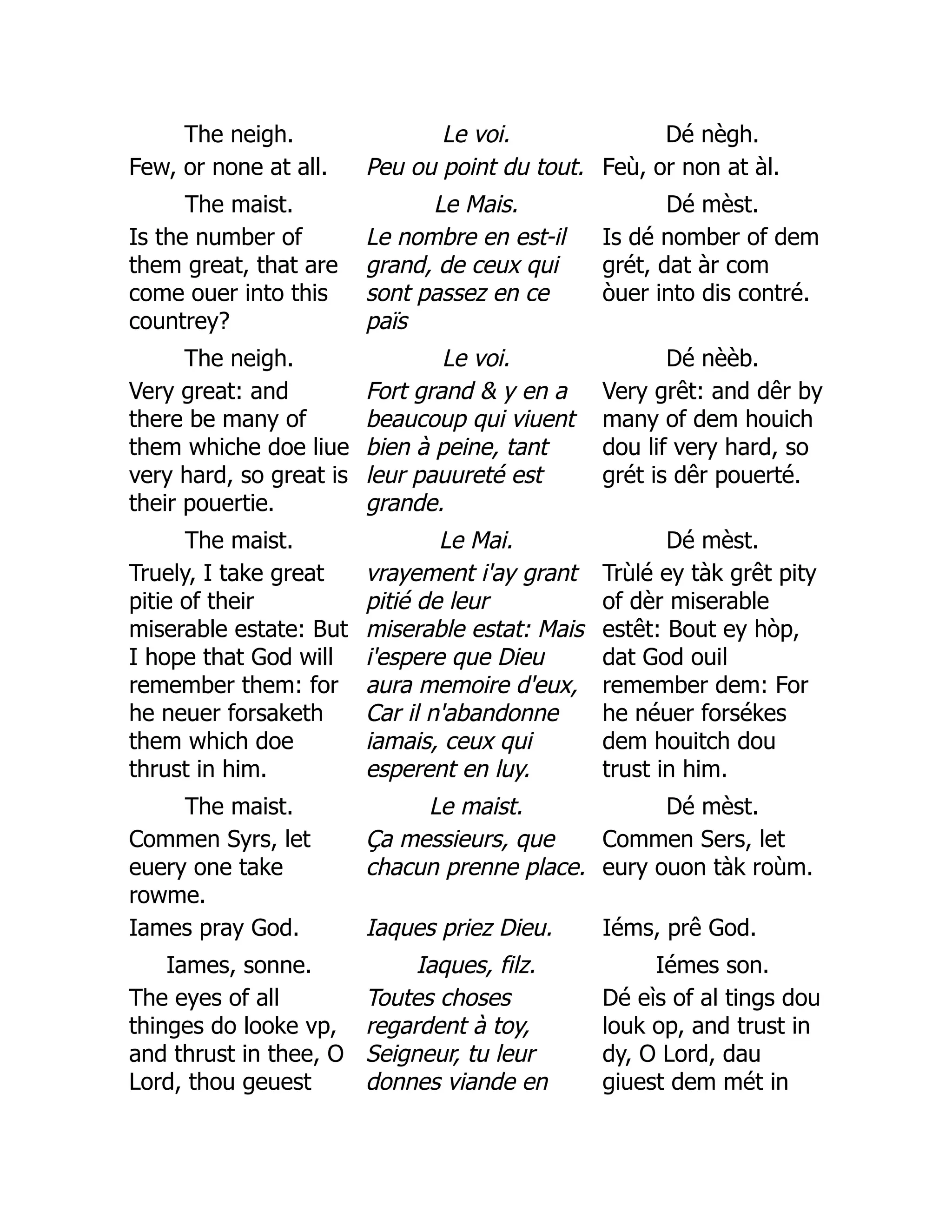The neigh. Le voi. Dé nègh.
Few, or none at all. Peu ou point du tout. Feù, or non at àl.
The maist. Le Mais. Dé mèst.
Is the number of
them great, that are
come ouer into this
countrey?
Le nombre en est-il
grand, de ceux qui
sont passez en ce
païs
Is dé nomber of dem
grét, dat àr com
òuer into dis contré.
The neigh. Le voi. Dé nèèb.
Very great: and
there be many of
them whiche doe liue
very hard, so great is
their pouertie.
Fort grand  y en a
beaucoup qui viuent
bien à peine, tant
leur pauureté est
grande.
Very grêt: and dêr by
many of dem houich
dou lif very hard, so
grét is dêr pouerté.
The maist. Le Mai. Dé mèst.
Truely, I take great
pitie of their
miserable estate: But
I hope that God will
remember them: for
he neuer forsaketh
them which doe
thrust in him.
vrayement i'ay grant
pitié de leur
miserable estat: Mais
i'espere que Dieu
aura memoire d'eux,
Car il n'abandonne
iamais, ceux qui
esperent en luy.
Trùlé ey tàk grêt pity
of dèr miserable
estêt: Bout ey hòp,
dat God ouil
remember dem: For
he néuer forsékes
dem houitch dou
trust in him.
The maist. Le maist. Dé mèst.
Commen Syrs, let
euery one take
rowme.
Ça messieurs, que
chacun prenne place.
Commen Sers, let
eury ouon tàk roùm.
Iames pray God. Iaques priez Dieu. Iéms, prê God.
Iames, sonne. Iaques, filz. Iémes son.
The eyes of all
thinges do looke vp,
and thrust in thee, O
Lord, thou geuest
Toutes choses
regardent à toy,
Seigneur, tu leur
donnes viande en
Dé eìs of al tings dou
louk op, and trust in
dy, O Lord, dau
giuest dem mét in
 