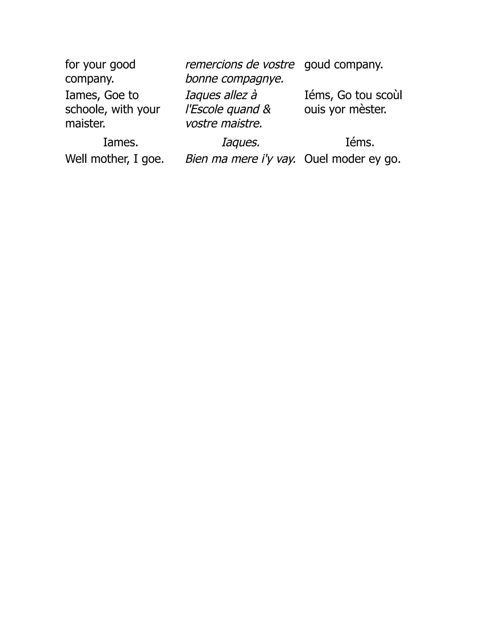for your good
company.
remercions de vostre
bonne compagnye.
goud company.
Iames, Goe to
schoole, with your
maister.
Iaques allez à
l'Escole quand 
vostre maistre.
Iéms, Go tou scoùl
ouis yor mèster.
Iames. Iaques. Iéms.
Well mother, I goe. Bien ma mere i'y vay. Ouel moder ey go.
 