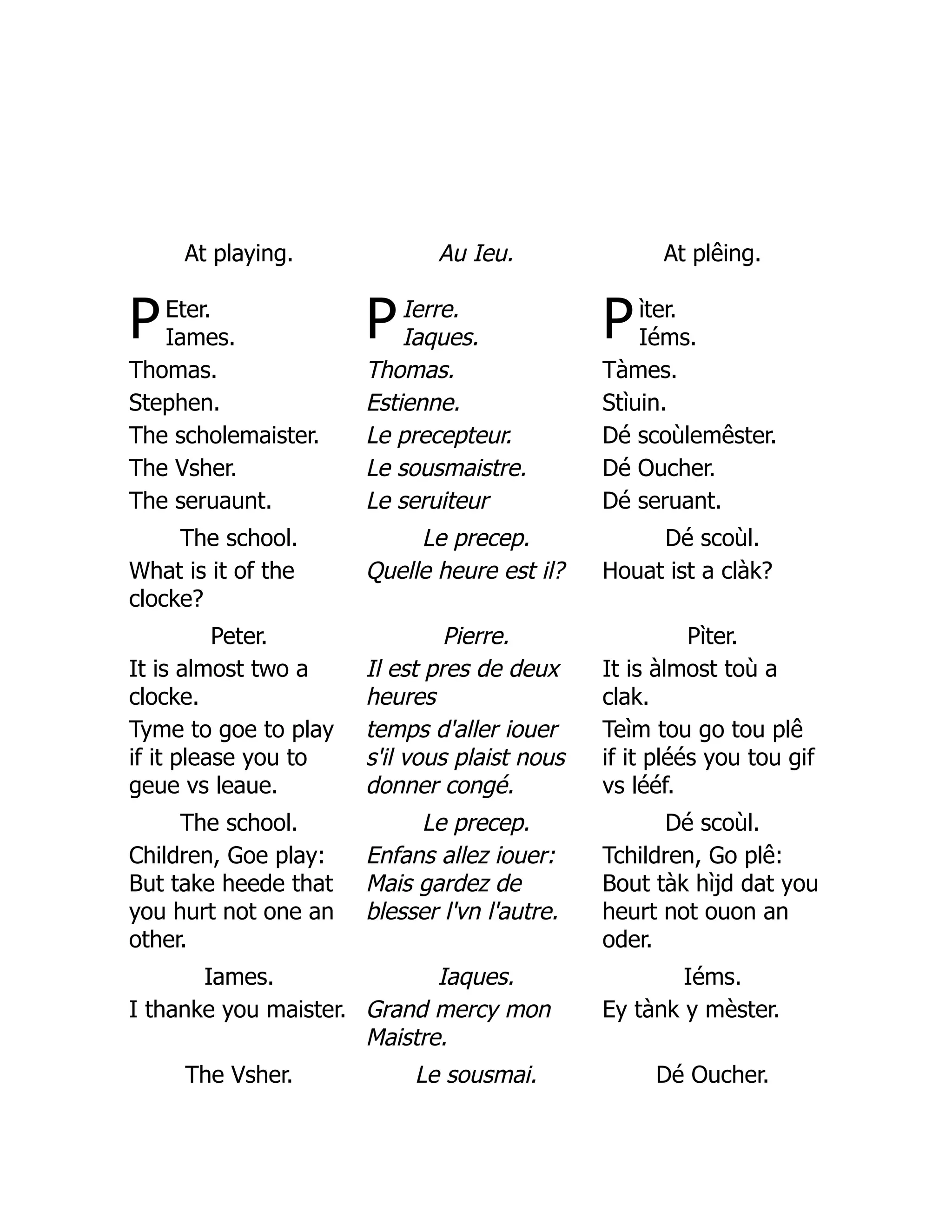P P P
At playing. Au Ieu. At plêing.
Eter.
Iames.
Ierre.
Iaques.
ìter.
Iéms.
Thomas. Thomas. Tàmes.
Stephen. Estienne. Stìuin.
The scholemaister. Le precepteur. Dé scoùlemêster.
The Vsher. Le sousmaistre. Dé Oucher.
The seruaunt. Le seruiteur Dé seruant.
The school. Le precep. Dé scoùl.
What is it of the
clocke?
Quelle heure est il? Houat ist a clàk?
Peter. Pierre. Pìter.
It is almost two a
clocke.
Il est pres de deux
heures
It is àlmost toù a
clak.
Tyme to goe to play
if it please you to
geue vs leaue.
temps d'aller iouer
s'il vous plaist nous
donner congé.
Teìm tou go tou plê
if it pléés you tou gif
vs lééf.
The school. Le precep. Dé scoùl.
Children, Goe play:
But take heede that
you hurt not one an
other.
Enfans allez iouer:
Mais gardez de
blesser l'vn l'autre.
Tchildren, Go plê:
Bout tàk hìjd dat you
heurt not ouon an
oder.
Iames. Iaques. Iéms.
I thanke you maister. Grand mercy mon
Maistre.
Ey tànk y mèster.
The Vsher. Le sousmai. Dé Oucher.
 