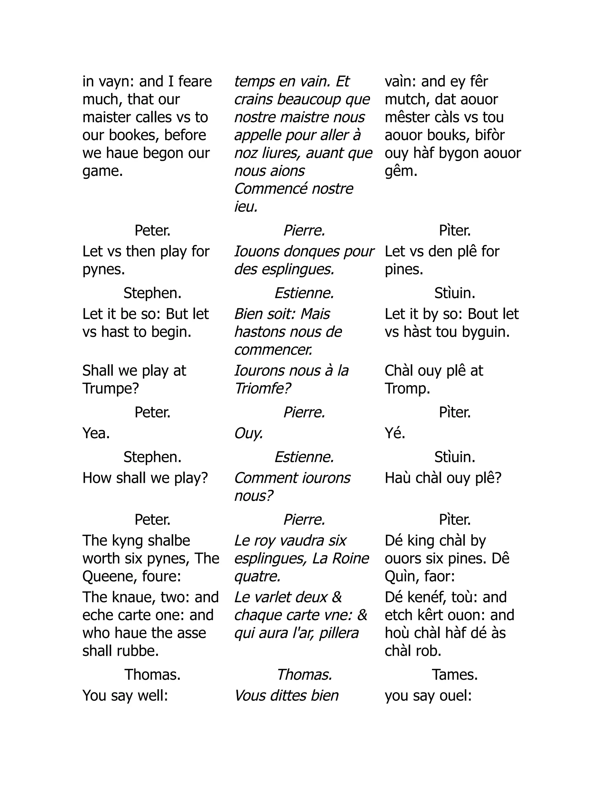 in vayn: and I feare
much, that our
maister calles vs to
our bookes, before
we haue begon our
game.
temps en vain. Et
crains beaucoup que
nostre maistre nous
appelle pour aller à
noz liures, auant que
nous aions
Commencé nostre
ieu.
vaìn: and ey fêr
mutch, dat aouor
mêster càls vs tou
aouor bouks, bifòr
ouy hàf bygon aouor
gêm.
Peter. Pierre. Pìter.
Let vs then play for
pynes.
Iouons donques pour
des esplingues.
Let vs den plê for
pines.
Stephen. Estienne. Stìuin.
Let it be so: But let
vs hast to begin.
Bien soit: Mais
hastons nous de
commencer.
Let it by so: Bout let
vs hàst tou byguin.
Shall we play at
Trumpe?
Iourons nous à la
Triomfe?
Chàl ouy plê at
Tromp.
Peter. Pierre. Pìter.
Yea. Ouy. Yé.
Stephen. Estienne. Stìuin.
How shall we play? Comment iourons
nous?
Haù chàl ouy plê?
Peter. Pierre. Pìter.
The kyng shalbe
worth six pynes, The
Queene, foure:
Le roy vaudra six
esplingues, La Roine
quatre.
Dé king chàl by
ouors six pines. Dê
Quìn, faor:
The knaue, two: and
eche carte one: and
who haue the asse
shall rubbe.
Le varlet deux 
chaque carte vne: 
qui aura l'ar, pillera
Dé kenéf, toù: and
etch kêrt ouon: and
hoù chàl hàf dé às
chàl rob.
Thomas. Thomas. Tames.
You say well: Vous dittes bien you say ouel:
 