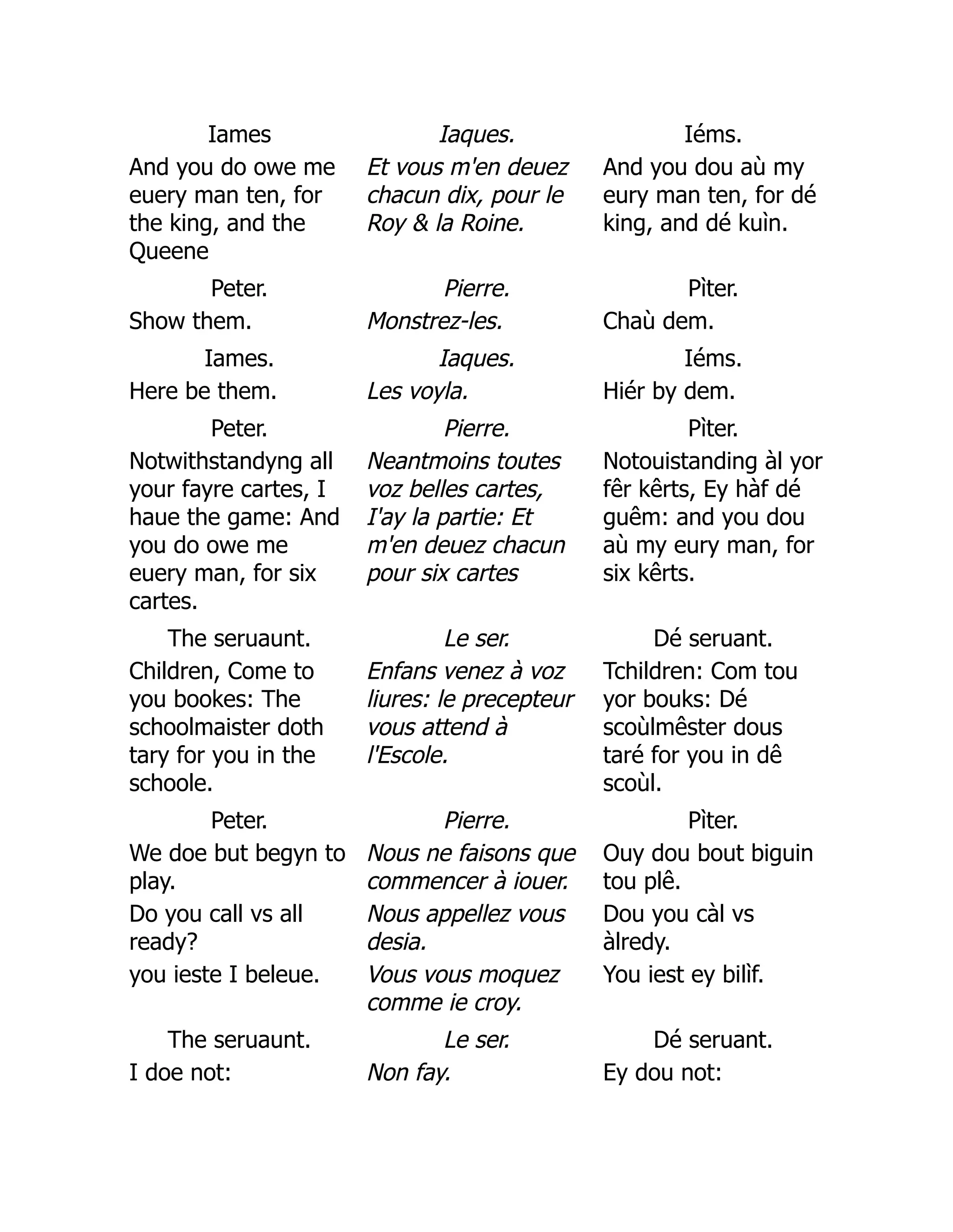 Iames Iaques. Iéms.
And you do owe me
euery man ten, for
the king, and the
Queene
Et vous m'en deuez
chacun dix, pour le
Roy  la Roine.
And you dou aù my
eury man ten, for dé
king, and dé kuìn.
Peter. Pierre. Pìter.
Show them. Monstrez-les. Chaù dem.
Iames. Iaques. Iéms.
Here be them. Les voyla. Hiér by dem.
Peter. Pierre. Pìter.
Notwithstandyng all
your fayre cartes, I
haue the game: And
you do owe me
euery man, for six
cartes.
Neantmoins toutes
voz belles cartes,
I'ay la partie: Et
m'en deuez chacun
pour six cartes
Notouistanding àl yor
fêr kêrts, Ey hàf dé
guêm: and you dou
aù my eury man, for
six kêrts.
The seruaunt. Le ser. Dé seruant.
Children, Come to
you bookes: The
schoolmaister doth
tary for you in the
schoole.
Enfans venez à voz
liures: le precepteur
vous attend à
l'Escole.
Tchildren: Com tou
yor bouks: Dé
scoùlmêster dous
taré for you in dê
scoùl.
Peter. Pierre. Pìter.
We doe but begyn to
play.
Nous ne faisons que
commencer à iouer.
Ouy dou bout biguin
tou plê.
Do you call vs all
ready?
Nous appellez vous
desia.
Dou you càl vs
àlredy.
you ieste I beleue. Vous vous moquez
comme ie croy.
You iest ey bilìf.
The seruaunt. Le ser. Dé seruant.
I doe not: Non fay. Ey dou not:
 