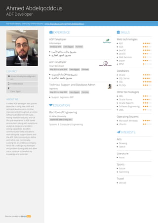 Ahmed Abdelqoddous
ADF Developer
For more details, check my online resume : www.doyoubuzz.com/ahmed-abdelqoddous
29 years old Cairo
CONTACT
ahmed.abdelqodous@gmail.c
om

01099530263
Cairo, Egypt

A skilled ADF developer with proven
expertise in using new tools and
technical developments to drive
improvements throughout an entire
software development life cycle.
Having extensive industry and full
life cycle experience in ADF based
environment, along with exceptional
analytical, design and problem-
solving capabilities. Excellent
communication skills and able to
work alongside support teams and
the ADF, SOA community to define
and refine new functionality.
Looking for an ambitious company
which will challenge my developer
and problem solving skills and allow
me to continue to develop my
knowledge and potential.
ABOUT ME
Informatique
Since July 2016 Cairo (Egypt) Full-time
EXPERIENCE
ADF Developer
‫ا‬‫ﻷ‬‫ﺳ‬‫ﺮ‬‫ة‬ ‫ﻣ‬‫ﺤ‬‫ﺎ‬‫ﻛ‬‫ﻢ‬ ‫ﻧ‬‫ﻴ‬‫ﺎ‬‫ﺑ‬‫ﺎ‬‫ت‬ ‫ﻣ‬‫ﺸ‬‫ﺮ‬‫و‬‫ع‬
‫ا‬‫ﻟ‬‫ﻌ‬‫ﻘ‬‫ﺎ‬‫ر‬‫ي‬ ‫ا‬‫ﻟ‬‫ﺸ‬‫ﻬ‬‫ﺮ‬ ‫ﻣ‬‫ﺸ‬‫ﺮ‬‫و‬‫ع‬
Smart Developer
May 2015 to June 2016 Cairo (Egypt) Full-time
ADF Developer
‫ا‬‫ﻟ‬‫ﺴ‬‫ﻌ‬‫ﻮ‬‫د‬‫ﻳ‬‫ﺔ‬ ‫ا‬‫ﻷ‬‫ر‬‫ﺻ‬‫ﺎ‬‫د‬ ‫ﻫ‬‫ﻴ‬‫ﺌ‬‫ﺔ‬ ‫ﻣ‬‫ﺸ‬‫ﺮ‬‫و‬‫ع‬
‫ا‬‫ﻟ‬‫ﻘ‬‫ﺮ‬‫ى‬ ‫أ‬‫م‬ ‫ﺟ‬‫ﺎ‬‫ﻣ‬‫ﻌ‬‫ﺔ‬ ‫ﻣ‬‫ﺸ‬‫ﺮ‬‫و‬‫ع‬
Segments
May 2013 to May 2005 Cairo (Egypt) Full-time
Technical Support and Database Admin
Support Segments ERP
Bachlore of Engineering
Al Azhar University
September 2006 to May 2011
Systems & Computers Engineering
EDUCATION
Web technologies
SKILLS
ADF     
SOA     
Java SE     
Java EE     
Web Services     
Jasper     
BPM     
Databases
Oracle     
SQL Server     
SQL     
PL/SQL     
Other technologies
XML     
Oracle Forms     
Oracle Reports     
Software Engineering     
UML     
Operating Systems
Microsoft Windows     
Ubunto     
Arts
INTERESTS
Drawing
Sketch
Literature
Novel
Sports
Soccer
Swimming
Travel
abroad
Resume created on
 