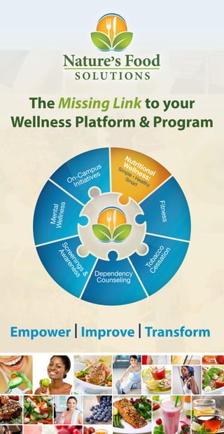 Nutritional
Wellness:
Simple • Healthy
Smart
Fitness
MentalWellness
Tobacco
Cessation
Screenings&
Awareness
Dependency
Counseling
On-Campus
Initiatives
The Missing Link to your
Wellness Platform & Program
Empower | Improve | Transform
 