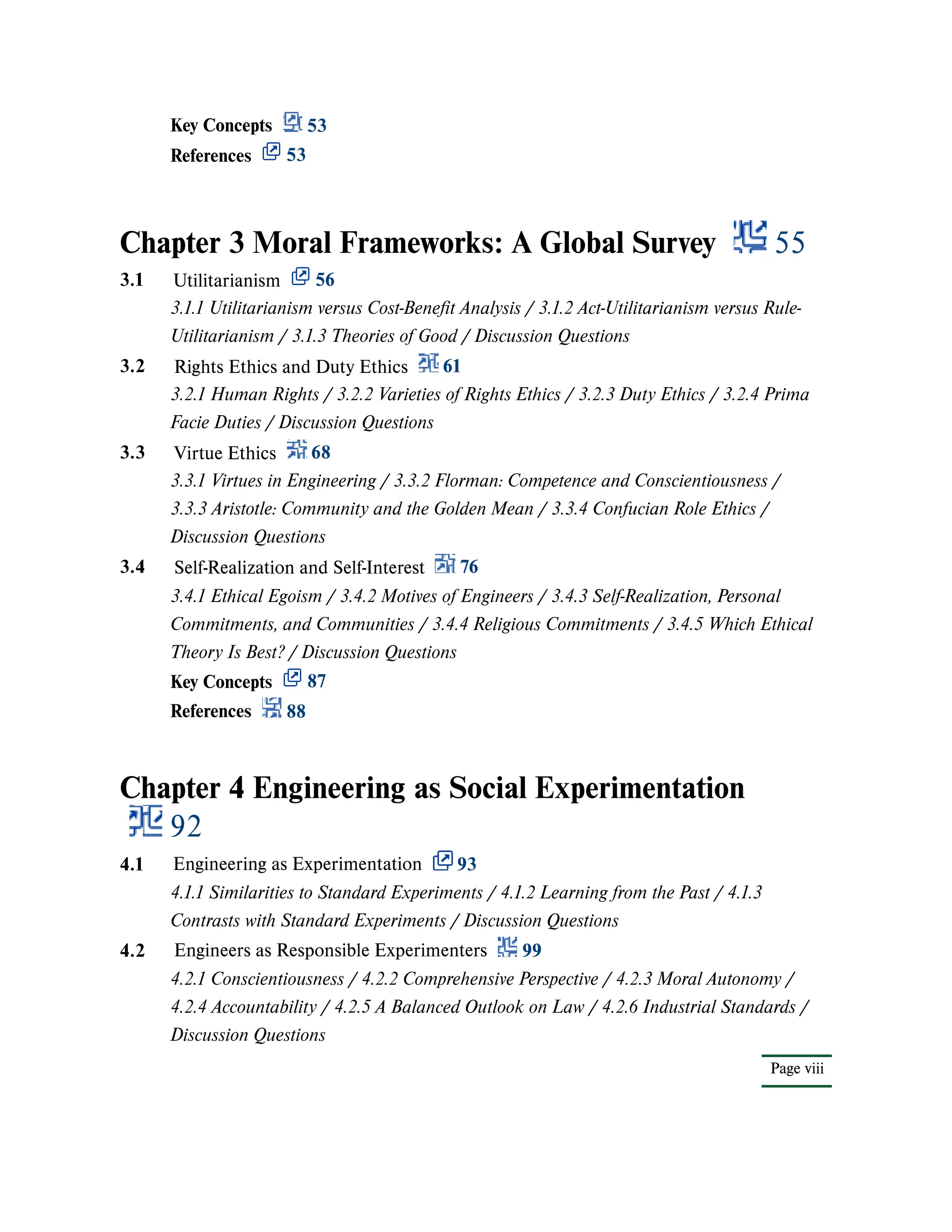 Chapter 3 Moral Frameworks: A Global Survey 55
Chapter 4 Engineering as Social Experimentation
92
Key Concepts 53
References 53
3.1 Utilitarianism 56
3.1.1 Utilitarianism versus Cost-Benefit Analysis / 3.1.2 Act-Utilitarianism versus Rule-
Utilitarianism / 3.1.3 Theories of Good / Discussion Questions
3.2 Rights Ethics and Duty Ethics 61
3.2.1 Human Rights / 3.2.2 Varieties of Rights Ethics / 3.2.3 Duty Ethics / 3.2.4 Prima
Facie Duties / Discussion Questions
3.3 Virtue Ethics 68
3.3.1 Virtues in Engineering / 3.3.2 Florman: Competence and Conscientiousness /
3.3.3 Aristotle: Community and the Golden Mean / 3.3.4 Confucian Role Ethics /
Discussion Questions
3.4 Self-Realization and Self-Interest 76
3.4.1 Ethical Egoism / 3.4.2 Motives of Engineers / 3.4.3 Self-Realization, Personal
Commitments, and Communities / 3.4.4 Religious Commitments / 3.4.5 Which Ethical
Theory Is Best? / Discussion Questions
Key Concepts 87
References 88
4.1 Engineering as Experimentation 93
4.1.1 Similarities to Standard Experiments / 4.1.2 Learning from the Past / 4.1.3
Contrasts with Standard Experiments / Discussion Questions
Page viii
4.2 Engineers as Responsible Experimenters 99
4.2.1 Conscientiousness / 4.2.2 Comprehensive Perspective / 4.2.3 Moral Autonomy /
4.2.4 Accountability / 4.2.5 A Balanced Outlook on Law / 4.2.6 Industrial Standards /
Discussion Questions
 