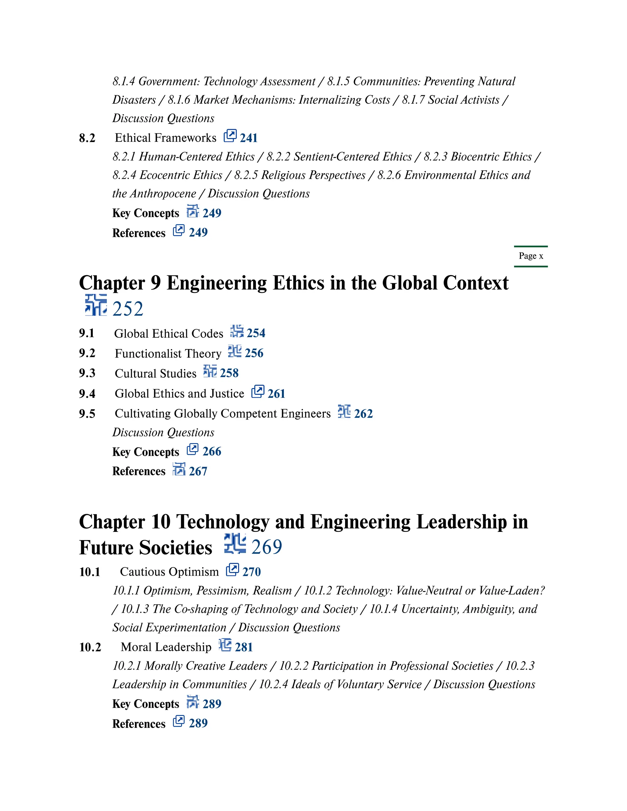 Page x
Chapter 9 Engineering Ethics in the Global Context
252
Chapter 10 Technology and Engineering Leadership in
Future Societies 269
8.1.4 Government: Technology Assessment / 8.1.5 Communities: Preventing Natural
Disasters / 8.1.6 Market Mechanisms: Internalizing Costs / 8.1.7 Social Activists /
Discussion Questions
8.2 Ethical Frameworks 241
8.2.1 Human-Centered Ethics / 8.2.2 Sentient-Centered Ethics / 8.2.3 Biocentric Ethics /
8.2.4 Ecocentric Ethics / 8.2.5 Religious Perspectives / 8.2.6 Environmental Ethics and
the Anthropocene / Discussion Questions
Key Concepts 249
References 249
9.1 Global Ethical Codes 254
9.2 Functionalist Theory 256
9.3 Cultural Studies 258
9.4 Global Ethics and Justice 261
9.5 Cultivating Globally Competent Engineers 262
Discussion Questions
Key Concepts 266
References 267
10.1 Cautious Optimism 270
10.1.1 Optimism, Pessimism, Realism / 10.1.2 Technology: Value-Neutral or Value-Laden?
/ 10.1.3 The Co-shaping of Technology and Society / 10.1.4 Uncertainty, Ambiguity, and
Social Experimentation / Discussion Questions
10.2 Moral Leadership 281
10.2.1 Morally Creative Leaders / 10.2.2 Participation in Professional Societies / 10.2.3
Leadership in Communities / 10.2.4 Ideals of Voluntary Service / Discussion Questions
Key Concepts 289
References 289
 