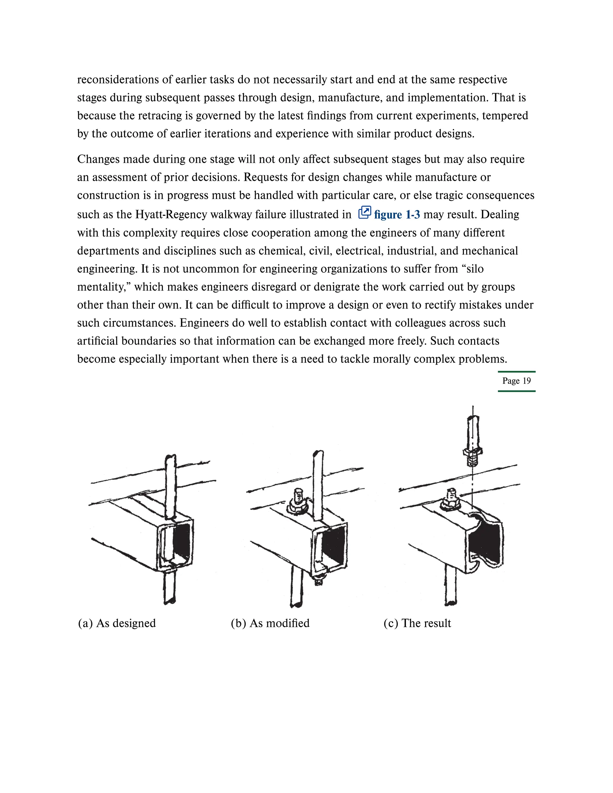 Page 19
reconsiderations of earlier tasks do not necessarily start and end at the same respective
stages during subsequent passes through design, manufacture, and implementation. That is
because the retracing is governed by the latest findings from current experiments, tempered
by the outcome of earlier iterations and experience with similar product designs.
Changes made during one stage will not only affect subsequent stages but may also require
an assessment of prior decisions. Requests for design changes while manufacture or
construction is in progress must be handled with particular care, or else tragic consequences
such as the Hyatt-Regency walkway failure illustrated in figure 1-3 may result. Dealing
with this complexity requires close cooperation among the engineers of many different
departments and disciplines such as chemical, civil, electrical, industrial, and mechanical
engineering. It is not uncommon for engineering organizations to suffer from “silo
mentality,” which makes engineers disregard or denigrate the work carried out by groups
other than their own. It can be difficult to improve a design or even to rectify mistakes under
such circumstances. Engineers do well to establish contact with colleagues across such
artificial boundaries so that information can be exchanged more freely. Such contacts
become especially important when there is a need to tackle morally complex problems.
(a) As designed (b) As modified (c) The result
 