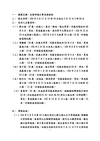 1
一、 機關名稱：法務部矯正署高雄監獄
二、 發生時間：104 年 2 月 11 日 15 時 10 分起至 2 月 12 日 5 時 50 分
三、 受刑人名籍資料：
（一）鄭立德，47 歲，犯殺人、毒品、槍砲、偽文等罪，判處有期徒刑 28
年 6 月，累犯，累進處遇 4 級，為列管中之幫派分子，102 年 12 月
13 日由高雄二監移入。103 年 3 月 5 日配業 10 工場，13 房，於雄監
無違規紀錄。
（二）黃顯勝，50 歲，犯毒品等罪，判處有期徒刑 34 年 2 月，再犯，累進
處遇 4 級，100 年 5 月 24 日由高二監移入。100 年 8 月 9 日配業 10
工場，13 房，於雄監無違規紀錄。
（三）魏良穎，38 歲，犯毒品等罪，判處有期徒刑 34 年 3 月，累犯，累進
處遇 4 級，103 年 7 月 1 日由高二監移入。103 年 8 月 6 日配業 10
工場， 13 房，於雄監無違規紀錄。
（四）黃子晏，42 歲，犯強盜、毒品等罪，判處有期徒刑 25 年，累犯，累
進處遇 4 級，103 年 1 月 16 日由高二監移入。103 年 3 月 5 日配業
10 工場，13 房，於雄監無違規紀錄。
（五）靳竹生，64 歲，犯強盜、槍砲等罪，判處無期徒刑，累犯，累進處
遇 4 級，100 年 6 月 15 日由高二監移入。100 年 7 月 12 日配業 10
工場， 11 房，於雄監無違規紀錄。
（六）秦義明，43 歲，犯盜匪罪判處無期徒刑，被撤銷假釋應執行殘刑
25 年、另犯強盜罪判 21 年，合計 46 年(符合三振法案，不得假釋)，
累犯，累進處遇 4 級，102 年 12 月 11 日入監。配業 10 工場，15
房，於雄監無違規紀錄。
四、 事發經過：
（一）104 年 2 月 6 日第 10 工場之受刑人鄭立德以左手骨頭痠痛、黃顯勝
以骨刺疼痛、秦義明以左腳踝骨頭痠痛、靳竹生以腰骨疼痛、魏良
穎以筋骨痠痛、黃子晏以筋骨痠痛，提出看診之申請，經工場主管
和教區科員核章後，由衛生科排定於同年 2 月 11 日下午之骨科看
 
