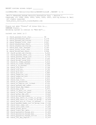 BASSET runtime screen output ___________
root@KALIVM1:~/bella/c/src/bella/BASSET/Linux# ./BASSET -s -n
________________________________________________________________________
Bell's Advanced System Security Evaluation Tool - Version 3
Copyright (C) 1998, 2000, 2002, 2004, 2005, 2007, 2010 by Arthur H. Bell
all rights reserved
have_brain_cells_will_travel@yahoo.com
________________________________________________________________________
Figure out what "flavor" of Linux this is...
UNKNOWN flavor...
Assuming system is similar to "Red Hat"...
current run level is 2
1) check_passwd_first_char............. 48
2) check_passwd_bad_chars.............. 2,179
3) check_passwd_num_fields............. 2,223
4) check_shadow_first_char............. 2,267
5) check_shadow_bad_chars.............. 3,095
6) check_shadow_num_fields............. 3,139
7) check_bad_last_changed.............. 3,183
8) check_group_first_char.............. 3,258
9) check_group_bad_chars............... 3,958
10) check_group_num_fields.............. 4,033
11) check_passwd_small_uid.............. 4,396
12) check_passwd_large_uid.............. 4,775
13) check_group_small_gid............... 5,162
14) check_group_large_gid............... 5,572
15) check_no_lname_passwd............... 5,616
16) check_no_lname_shadow............... 5,660
17) check_x_in_passwd................... 5,704
18) check_uid_zero...................... 5,748
19) check_uid_one....................... 5,792
20) check_gid_zero...................... 5,836
21) check_gid_one....................... 5,880
22) check_negative_uid.................. 5,924
23) check_negative_gid.................. 5,968
24) check_guests........................ 6,012
25) check_num_lines..................... 6,015
26) check_no_passwords.................. 6,059
27) check_no_expire_not_locked.......... 6,103
28) check_passwd_dup_names.............. 6,103
29) check_shad_dup_names................ 8,039
30) check_dup_uids...................... 9,975
31) check_in_pass_not_shad.............. 11,911
32) check_in_shad_not_pass.............. 13,847
33) check_group_dup_gid................. 13,847
34) check_group_dup_names............... 13,847
35) check_dup_users_on_lines_in_group... 13,922
36) check_bad_users_on_lines_in_group... 14,000
37) check_bad_gid_on_lines_in_passwd.... 17,344
38) check_passwd_names_not_in_group_line 17,345
39) check_user_name_len................. 17,389
40) check_user_name_case................ 17,691
41) check_blank_gecos................... 17,735
42) check_login_dot_defs................ 21,755
43) check_password_change_min........... 21,801
44) check_password_change_max........... 21,847
45) check_password_change_notice........ 21,893
46) check_100_day_expire................ 21,937
 