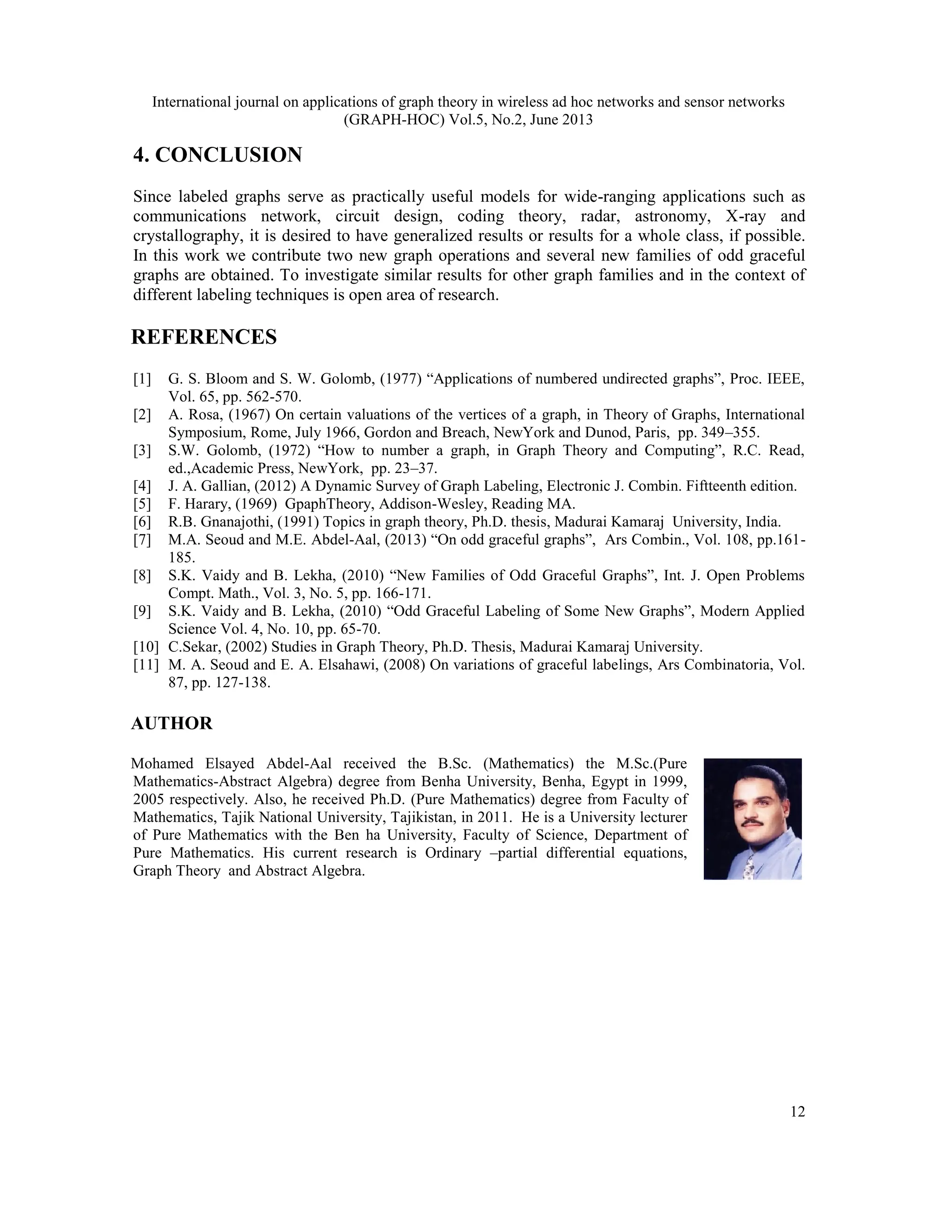 International journal on applications of graph theory in wireless ad hoc networks and sensor networks
(GRAPH-HOC) Vol.5, No.2, June 2013
12
4. CONCLUSION
Since labeled graphs serve as practically useful models for wide-ranging applications such as
communications network, circuit design, coding theory, radar, astronomy, X-ray and
crystallography, it is desired to have generalized results or results for a whole class, if possible.
In this work we contribute two new graph operations and several new families of odd graceful
graphs are obtained. To investigate similar results for other graph families and in the context of
different labeling techniques is open area of research.
REFERENCES
[1] G. S. Bloom and S. W. Golomb, (1977) “Applications of numbered undirected graphs”, Proc. IEEE,
Vol. 65, pp. 562-570.
[2] A. Rosa, (1967) On certain valuations of the vertices of a graph, in Theory of Graphs, International
Symposium, Rome, July 1966, Gordon and Breach, NewYork and Dunod, Paris, pp. 349–355.
[3] S.W. Golomb, (1972) “How to number a graph, in Graph Theory and Computing”, R.C. Read,
ed.,Academic Press, NewYork, pp. 23–37.
[4] J. A. Gallian, (2012) A Dynamic Survey of Graph Labeling, Electronic J. Combin. Fiftteenth edition.
[5] F. Harary, (1969) GpaphTheory, Addison-Wesley, Reading MA.
[6] R.B. Gnanajothi, (1991) Topics in graph theory, Ph.D. thesis, Madurai Kamaraj University, India.
[7] M.A. Seoud and M.E. Abdel-Aal, (2013) “On odd graceful graphs”, Ars Combin., Vol. 108, pp.161-
185.
[8] S.K. Vaidy and B. Lekha, (2010) “New Families of Odd Graceful Graphs”, Int. J. Open Problems
Compt. Math., Vol. 3, No. 5, pp. 166-171.
[9] S.K. Vaidy and B. Lekha, (2010) “Odd Graceful Labeling of Some New Graphs”, Modern Applied
Science Vol. 4, No. 10, pp. 65-70.
[10] C.Sekar, (2002) Studies in Graph Theory, Ph.D. Thesis, Madurai Kamaraj University.
[11] M. A. Seoud and E. A. Elsahawi, (2008) On variations of graceful labelings, Ars Combinatoria, Vol.
87, pp. 127-138.
AUTHOR
Mohamed Elsayed Abdel-Aal received the B.Sc. (Mathematics) the M.Sc.(Pure
Mathematics-Abstract Algebra) degree from Benha University, Benha, Egypt in 1999,
2005 respectively. Also, he received Ph.D. (Pure Mathematics) degree from Faculty of
Mathematics, Tajik National University, Tajikistan, in 2011. He is a University lecturer
of Pure Mathematics with the Ben ha University, Faculty of Science, Department of
Pure Mathematics. His current research is Ordinary –partial differential equations,
Graph Theory and Abstract Algebra.
 
