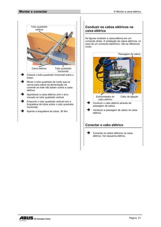 Montar e conectar  Montar a caixa elétrica
Página 21
Tubo quadrado
vertical
Caixa elétrica Tubo quadrado
horizontal
 Colocar o tubo quadrado horizontal sobre o
braço.
 Mover o tubo quadrado de modo que os
carros para cabos da alimentação da
corrente do trole não batam contra a caixa
elétrica.
 Aparafusar a caixa elétrica com o arco
roscado ao tubo quadrado vertical.
 Empurrar o tubo quadrado vertical com a
braçadeira de tubos sobre o tubo quadrado
horizontal.
 Apertar a braçadeira de tubos. 36 Nm.
Conduzir os cabos elétricos na
caixa elétrica
As figuras mostram a caixa elétrica em um
comando direto. A instalação de cabos elétricos, no
caso de um comando eletrônico, não se diferencia
muito.
Passagem de cabos
Extremidades do
cabo elétrico
Cabo de ligação
 Conduzir o cabo elétrico através da
passagem de cabos.
 Introduzir a passagem de cabos na caixa
elétrica.
Conectar o cabo elétrico
 Conectar os cabos elétricos na caixa
elétrica. Ver esquema elétrico.
 