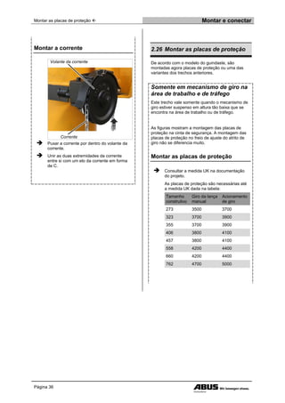 Montar as placas de proteção  Montar e conectar
Página 36
Montar a corrente
Volante da corrente
Corrente
 Puxar a corrente por dentro do volante da
corrente.
 Unir as duas extremidades da corrente
entre si com um elo da corrente em forma
de C.
2.26 Montar as placas de proteção
De acordo com o modelo do guindaste, são
montadas agora placas de proteção ou uma das
variantes dos trechos anteriores.
Somente em mecanismo de giro na
área de trabalho e de tráfego
Este trecho vale somente quando o mecanismo de
giro estiver suspenso em altura tão baixa que se
encontra na área de trabalho ou de tráfego.
As figuras mostram a montagem das placas de
proteção na cinta de segurança. A montagem das
placas de proteção no freio de ajuste do atrito de
giro não se diferencia muito.
Montar as placas de proteção
 Consultar a medida UK na documentação
do projeto.
As placas de proteção são necessárias até
a medida UK dada na tabela:
Tamanho
construtivo
Giro da lança
manual
Acionamento
de giro
273 3500 3700
323 3700 3900
355 3700 3900
406 3800 4100
457 3800 4100
558 4200 4400
660 4200 4400
762 4700 5000
 