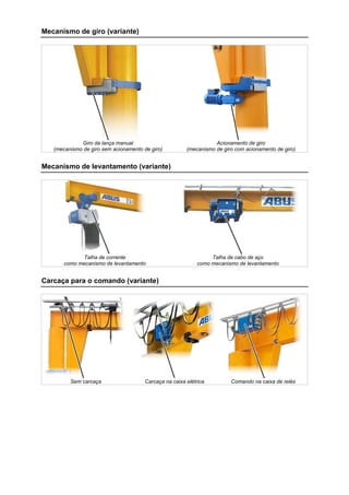Mecanismo de giro (variante)
Giro da lança manual
(mecanismo de giro sem acionamento de giro)
Acionamento de giro
(mecanismo de giro com acionamento de giro)
Mecanismo de levantamento (variante)
Talha de corrente
como mecanismo de levantamento
Talha de cabo de aço
como mecanismo de levantamento
Carcaça para o comando (variante)
Sem carcaça Carcaça na caixa elétrica Comando na caixa de relés
 