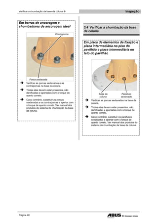 Verificar a chumbação da base da coluna  Inspeção
Página 46
Em barras de ancoragem e
chumbadores de ancoragem ideal
Contraporca
Porca sextavada
 Verificar as porcas sextavadas e as
contraporcas na base da coluna.
 Todas elas devem estar presentes, não
danificadas e apertadas com o torque de
aperto correto.
 Caso contrário, substituir as porcas
sextavadas e as contraporcas e apertar com
o torque de aperto correto. Ver manual dos
produtos do sistema de chumbação da base
da coluna.
3.4 Verificar a chumbação da base
da coluna
Em placa de elementos de fixação e
placa intermediária no piso do
pavilhão e placa intermediária no
teto do pavilhão
Base da
coluna
Parafuso
sextavado
 Verificar as porcas sextavadas na base da
coluna.
 Todas elas devem estar presentes, não
danificadas e apertadas com o torque de
aperto correto.
 Caso contrário, substituir os parafusos
sextavados e apertar com o torque de
aperto correto. Ver manual dos produtos do
sistema de chumbação da base da coluna.
 