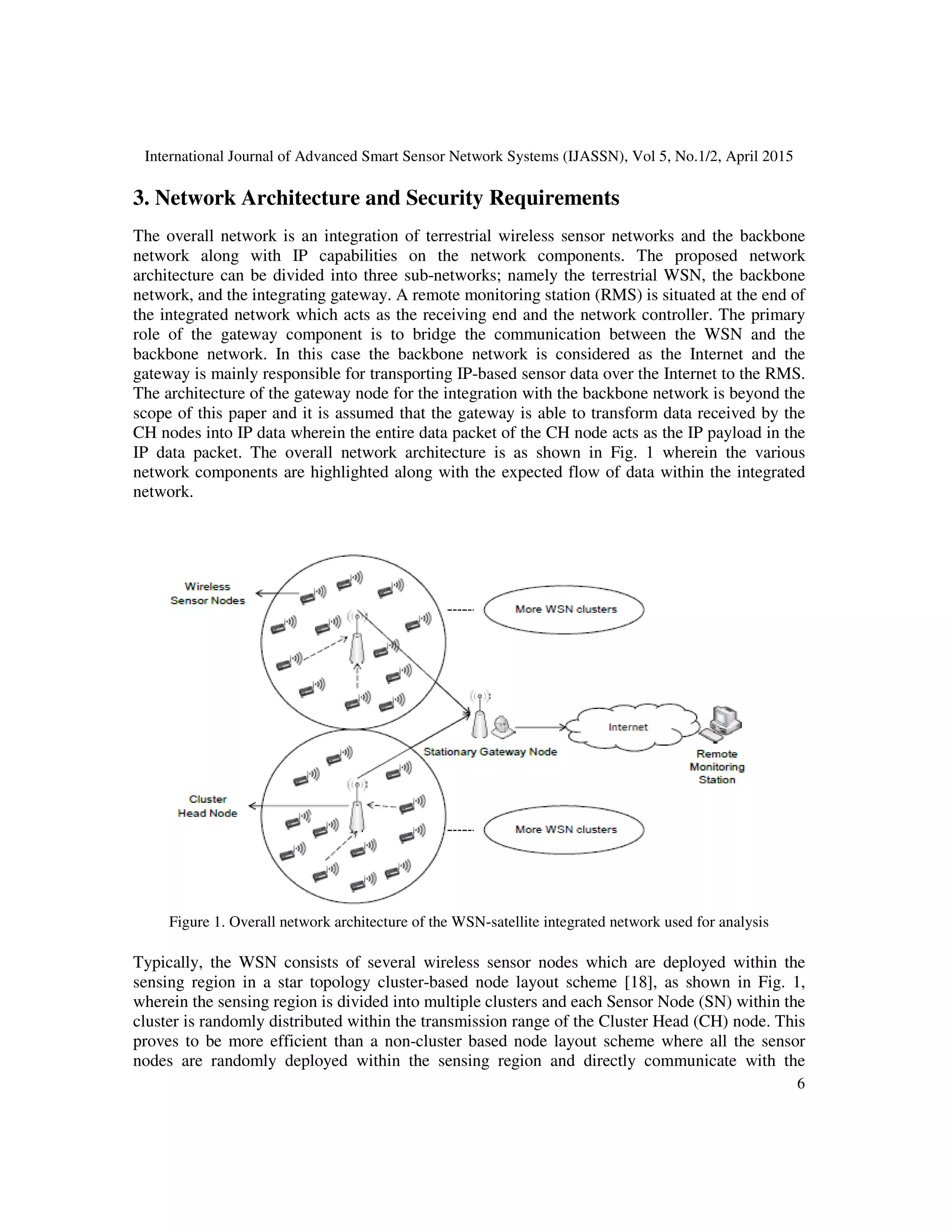 International Journal of Advanced Smart Sensor Network Systems (IJASSN), Vol 5, No.1/2, April 2015
6
3. Network Architecture and Security Requirements
The overall network is an integration of terrestrial wireless sensor networks and the backbone
network along with IP capabilities on the network components. The proposed network
architecture can be divided into three sub-networks; namely the terrestrial WSN, the backbone
network, and the integrating gateway. A remote monitoring station (RMS) is situated at the end of
the integrated network which acts as the receiving end and the network controller. The primary
role of the gateway component is to bridge the communication between the WSN and the
backbone network. In this case the backbone network is considered as the Internet and the
gateway is mainly responsible for transporting IP-based sensor data over the Internet to the RMS.
The architecture of the gateway node for the integration with the backbone network is beyond the
scope of this paper and it is assumed that the gateway is able to transform data received by the
CH nodes into IP data wherein the entire data packet of the CH node acts as the IP payload in the
IP data packet. The overall network architecture is as shown in Fig. 1 wherein the various
network components are highlighted along with the expected flow of data within the integrated
network.
Figure 1. Overall network architecture of the WSN-satellite integrated network used for analysis
Typically, the WSN consists of several wireless sensor nodes which are deployed within the
sensing region in a star topology cluster-based node layout scheme [18], as shown in Fig. 1,
wherein the sensing region is divided into multiple clusters and each Sensor Node (SN) within the
cluster is randomly distributed within the transmission range of the Cluster Head (CH) node. This
proves to be more efficient than a non-cluster based node layout scheme where all the sensor
nodes are randomly deployed within the sensing region and directly communicate with the
 