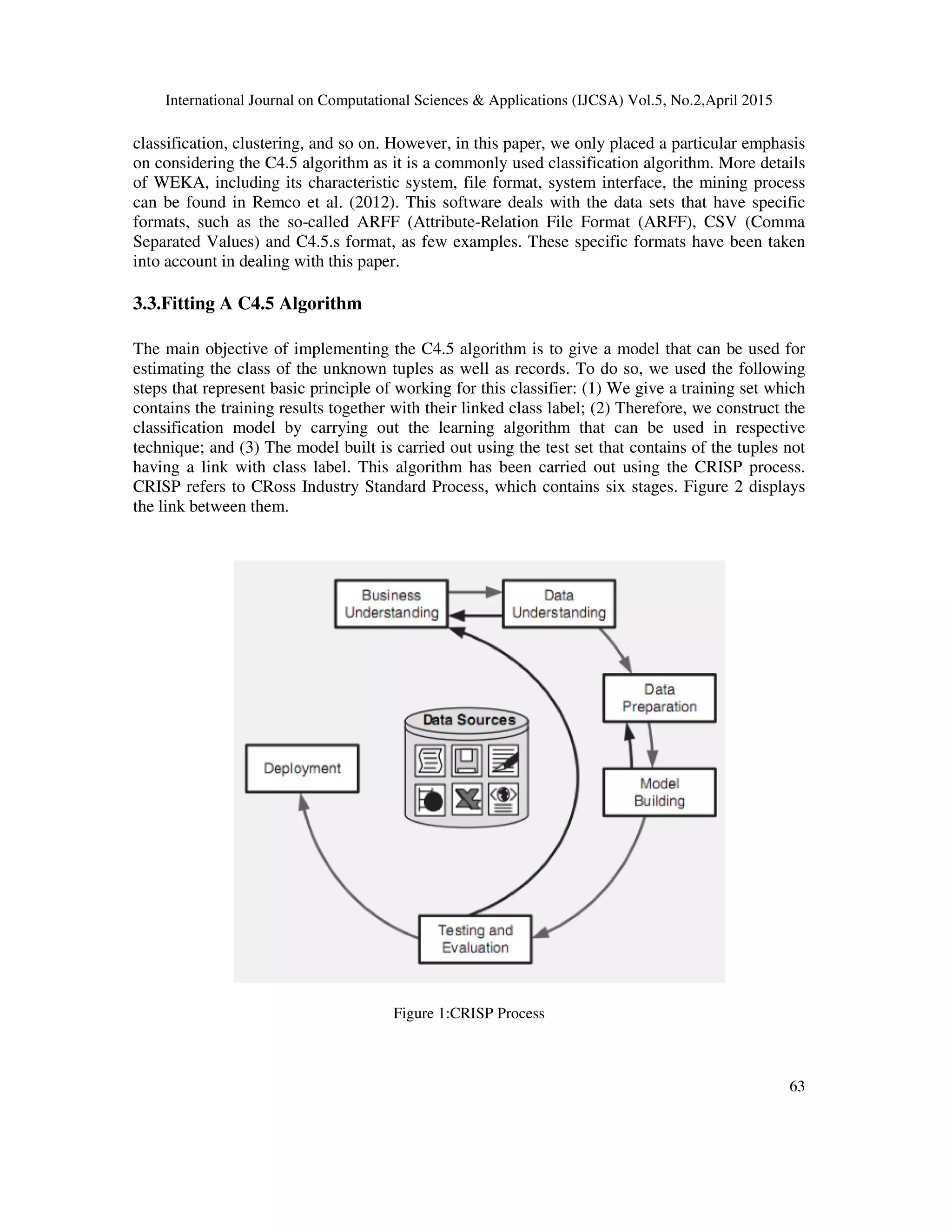 International Journal on Computational Sciences & Applications (IJCSA) Vol.5, No.2,April 2015 63 classification, clustering, and so on. However, in this paper, we only placed a particular emphasis on considering the C4.5 algorithm as it is a commonly used classification algorithm. More details of WEKA, including its characteristic system, file format, system interface, the mining process can be found in Remco et al. (2012). This software deals with the data sets that have specific formats, such as the so-called ARFF (Attribute-Relation File Format (ARFF), CSV (Comma Separated Values) and C4.5.s format, as few examples. These specific formats have been taken into account in dealing with this paper. 3.3.Fitting A C4.5 Algorithm The main objective of implementing the C4.5 algorithm is to give a model that can be used for estimating the class of the unknown tuples as well as records. To do so, we used the following steps that represent basic principle of working for this classifier: (1) We give a training set which contains the training results together with their linked class label; (2) Therefore, we construct the classification model by carrying out the learning algorithm that can be used in respective technique; and (3) The model built is carried out using the test set that contains of the tuples not having a link with class label. This algorithm has been carried out using the CRISP process. CRISP refers to CRoss Industry Standard Process, which contains six stages. Figure 2 displays the link between them. Figure 1:CRISP Process 