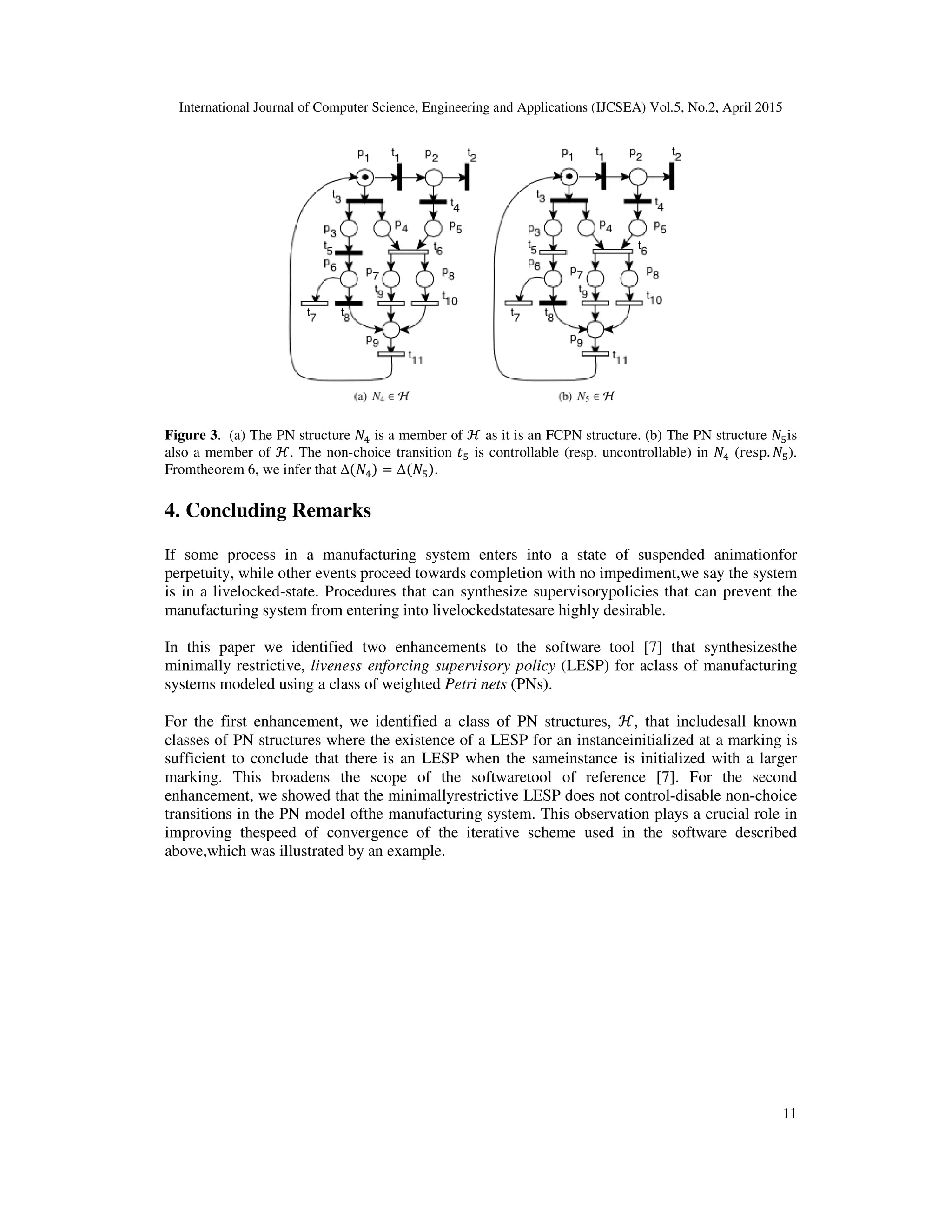 International Journal of Computer Science, Engineering and Applications (IJCSEA) Vol.5, No.2, April 2015
Figure 3. (a) The PN structure ܰସ is a member of
also a member of ℋ. The non-choice transition
Fromtheorem 6, we infer that ∆(ܰସ)
4. Concluding Remarks
If some process in a manufacturing system enters into a state of suspended animationfor
perpetuity, while other events proceed towards completion with no impediment,we say the system
is in a livelocked-state. Procedures that can
manufacturing system from entering into livelockedstatesare highly desirable.
In this paper we identified two enhancements to the software tool [7] that synthesizesthe
minimally restrictive, liveness enf
systems modeled using a class of weighted
For the first enhancement, we identified a class of PN structures,
classes of PN structures where the existe
sufficient to conclude that there is an LESP when the sameinstance is initialized with a larger
marking. This broadens the scope of the softwaretool of reference [7]. For the second
enhancement, we showed that the minimallyrestrictive LESP does not control
transitions in the PN model ofthe manufacturing system. This observation plays a crucial role in
improving thespeed of convergence of the iterative scheme used in the software des
above,which was illustrated by an example.
International Journal of Computer Science, Engineering and Applications (IJCSEA) Vol.5, No.2, April 2015
is a member of ℋ as it is an FCPN structure. (b) The PN structure
choice transition ‫ݐ‬ହ is controllable (resp. uncontrollable) in
( ) = ∆(ܰହ).
If some process in a manufacturing system enters into a state of suspended animationfor
perpetuity, while other events proceed towards completion with no impediment,we say the system
state. Procedures that can synthesize supervisorypolicies that can prevent the
manufacturing system from entering into livelockedstatesare highly desirable.
In this paper we identified two enhancements to the software tool [7] that synthesizesthe
liveness enforcing supervisory policy (LESP) for aclass of manufacturing
systems modeled using a class of weighted Petri nets (PNs).
For the first enhancement, we identified a class of PN structures, ℋ, that includesall known
classes of PN structures where the existence of a LESP for an instanceinitialized at a marking is
cient to conclude that there is an LESP when the sameinstance is initialized with a larger
marking. This broadens the scope of the softwaretool of reference [7]. For the second
howed that the minimallyrestrictive LESP does not control-disable non
transitions in the PN model ofthe manufacturing system. This observation plays a crucial role in
improving thespeed of convergence of the iterative scheme used in the software des
above,which was illustrated by an example.
International Journal of Computer Science, Engineering and Applications (IJCSEA) Vol.5, No.2, April 2015
11
as it is an FCPN structure. (b) The PN structure ܰହis
is controllable (resp. uncontrollable) in ܰସ (resp. ܰହ).
If some process in a manufacturing system enters into a state of suspended animationfor
perpetuity, while other events proceed towards completion with no impediment,we say the system
synthesize supervisorypolicies that can prevent the
In this paper we identified two enhancements to the software tool [7] that synthesizesthe
(LESP) for aclass of manufacturing
, that includesall known
nce of a LESP for an instanceinitialized at a marking is
cient to conclude that there is an LESP when the sameinstance is initialized with a larger
marking. This broadens the scope of the softwaretool of reference [7]. For the second
disable non-choice
transitions in the PN model ofthe manufacturing system. This observation plays a crucial role in
improving thespeed of convergence of the iterative scheme used in the software described
 