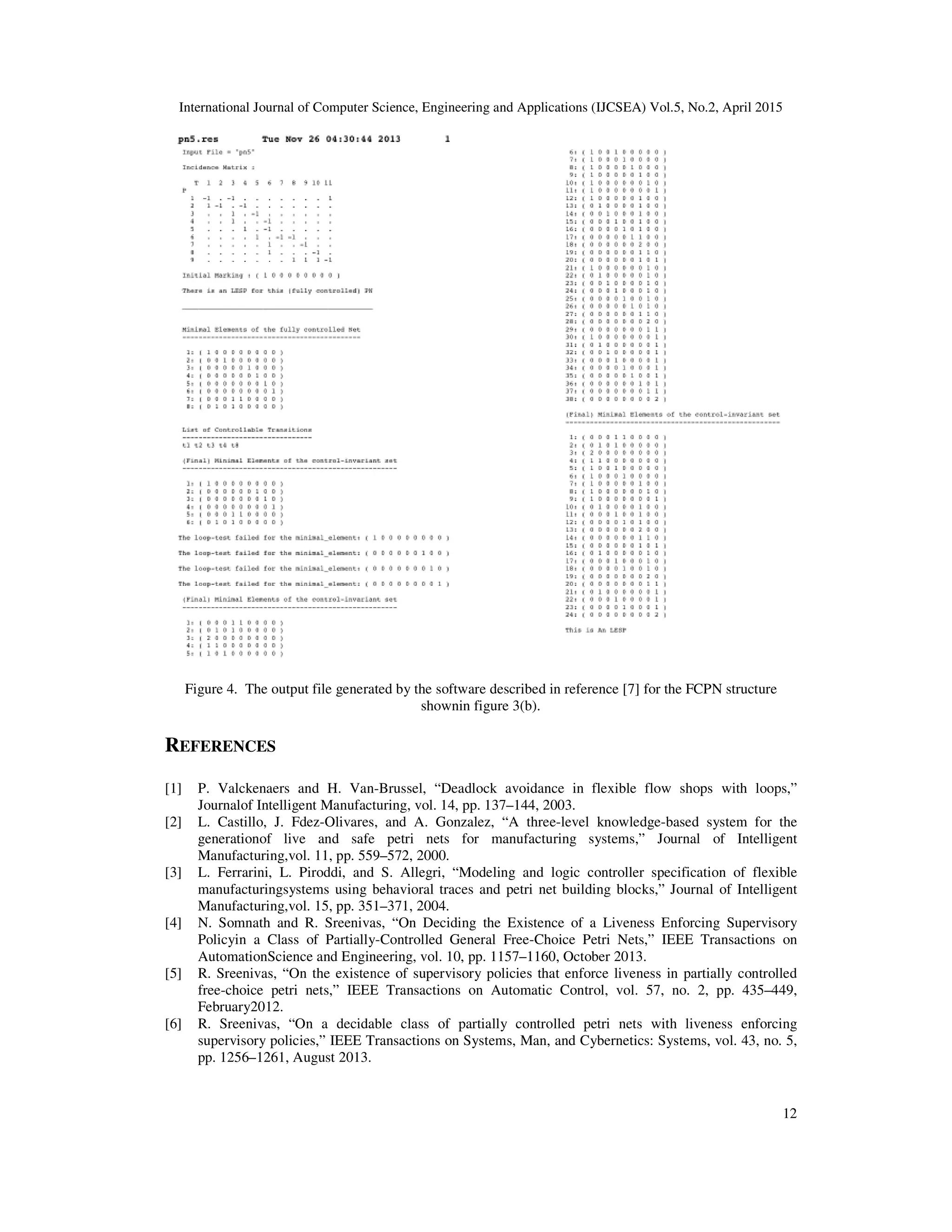 International Journal of Computer Science, Engineering and Applications (IJCSEA) Vol.5, No.2, April 2015
Figure 4. The output file generated by the software described in reference [7] for the FCPN structure
REFERENCES
[1] P. Valckenaers and H. Van-
Journalof Intelligent Manufacturing, vol. 14, pp. 137
[2] L. Castillo, J. Fdez-Olivares, and A. Gonzalez, “A three
generationof live and safe petri nets for manufacturing systems
Manufacturing,vol. 11, pp. 559
[3] L. Ferrarini, L. Piroddi, and S. Allegri, “Modeling and logic controller specification of flexible
manufacturingsystems using behavioral traces and petri net building blocks,” Journal
Manufacturing,vol. 15, pp. 351
[4] N. Somnath and R. Sreenivas, “On Deciding the Existence of a Liveness Enforcing Supervisory
Policyin a Class of Partially
AutomationScience and Engineering, vol. 10, pp. 1157
[5] R. Sreenivas, “On the existence of supervisory policies that enforce liveness in partially controlled
free-choice petri nets,” IEEE Transactions on Automatic Control, vol. 57, no. 2, pp.
February2012.
[6] R. Sreenivas, “On a decidable class of partially controlled petri nets with liveness enforcing
supervisory policies,” IEEE Transactions on Systems, Man, and Cybernetics: Systems, vol. 43, no. 5,
pp. 1256–1261, August 2013.
International Journal of Computer Science, Engineering and Applications (IJCSEA) Vol.5, No.2, April 2015
Figure 4. The output file generated by the software described in reference [7] for the FCPN structure
shownin figure 3(b).
-Brussel, “Deadlock avoidance in flexible flow shops with loops,”
Journalof Intelligent Manufacturing, vol. 14, pp. 137–144, 2003.
Olivares, and A. Gonzalez, “A three-level knowledge-based system for the
generationof live and safe petri nets for manufacturing systems,” Journal of Intelligent
Manufacturing,vol. 11, pp. 559–572, 2000.
L. Ferrarini, L. Piroddi, and S. Allegri, “Modeling and logic controller specification of flexible
manufacturingsystems using behavioral traces and petri net building blocks,” Journal
Manufacturing,vol. 15, pp. 351–371, 2004.
N. Somnath and R. Sreenivas, “On Deciding the Existence of a Liveness Enforcing Supervisory
Policyin a Class of Partially-Controlled General Free-Choice Petri Nets,” IEEE Transactions on
onScience and Engineering, vol. 10, pp. 1157–1160, October 2013.
R. Sreenivas, “On the existence of supervisory policies that enforce liveness in partially controlled
choice petri nets,” IEEE Transactions on Automatic Control, vol. 57, no. 2, pp.
R. Sreenivas, “On a decidable class of partially controlled petri nets with liveness enforcing
supervisory policies,” IEEE Transactions on Systems, Man, and Cybernetics: Systems, vol. 43, no. 5,
International Journal of Computer Science, Engineering and Applications (IJCSEA) Vol.5, No.2, April 2015
12
Figure 4. The output file generated by the software described in reference [7] for the FCPN structure
xible flow shops with loops,”
based system for the
,” Journal of Intelligent
L. Ferrarini, L. Piroddi, and S. Allegri, “Modeling and logic controller specification of flexible
manufacturingsystems using behavioral traces and petri net building blocks,” Journal of Intelligent
N. Somnath and R. Sreenivas, “On Deciding the Existence of a Liveness Enforcing Supervisory
Choice Petri Nets,” IEEE Transactions on
R. Sreenivas, “On the existence of supervisory policies that enforce liveness in partially controlled
choice petri nets,” IEEE Transactions on Automatic Control, vol. 57, no. 2, pp. 435–449,
R. Sreenivas, “On a decidable class of partially controlled petri nets with liveness enforcing
supervisory policies,” IEEE Transactions on Systems, Man, and Cybernetics: Systems, vol. 43, no. 5,
 