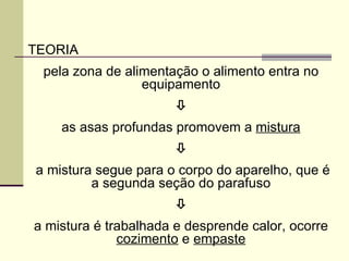 TEORIA
pela zona de alimentação o alimento entra no
equipamento

as asas profundas promovem a mistura

a mistura segue para o corpo do aparelho, que é
a segunda seção do parafuso

a mistura é trabalhada e desprende calor, ocorre
cozimento e empaste
 