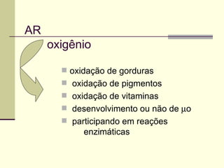 AR
oxigênio
 oxidação de gorduras
 oxidação de pigmentos
 oxidação de vitaminas
 desenvolvimento ou não de µo
 participando em reações
enzimáticas
 
