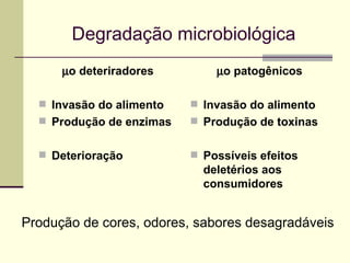 Degradação microbiológica
µo deteriradores
 Invasão do alimento
 Produção de enzimas
 Deterioração
µo patogênicos
 Invasão do alimento
 Produção de toxinas
 Possíveis efeitos
deletérios aos
consumidores
Produção de cores, odores, sabores desagradáveis
 
