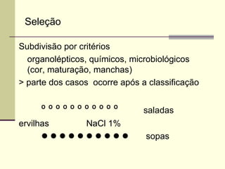 Seleção
Subdivisão por critérios
organolépticos, químicos, microbiológicos
(cor, maturação, manchas)
> parte dos casos ocorre após a classificação
º º º º º º º º º º º saladas
ervilhas NaCl 1%
          sopas
 