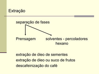 Extração
separação de fases
Prensagem solventes - percoladores
hexano
extração de óleo de sementes
extração de óleo ou suco de frutos
descafeinização do café
 