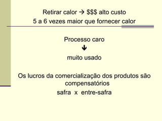 Retirar calor  $$$ alto custo
5 a 6 vezes maior que fornecer calor
Processo caro

muito usado
Os lucros da comercialização dos produtos são
compensatórios
safra x entre-safra
 