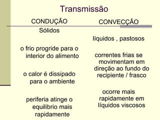 Transmissão
CONDUÇÃO
Sólidos
o frio progride para o
interior do alimento
o calor é dissipado
para o ambiente
periferia atinge o
equilibrio mais
rapidamente
CONVECÇÃO
líquidos , pastosos
correntes frias se
movimentam em
direção ao fundo do
recipiente / frasco
ocorre mais
rapidamente em
líquidos viscosos
 