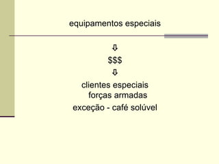 equipamentos especiais

$$$

clientes especiais
forças armadas
exceção - café solúvel
 