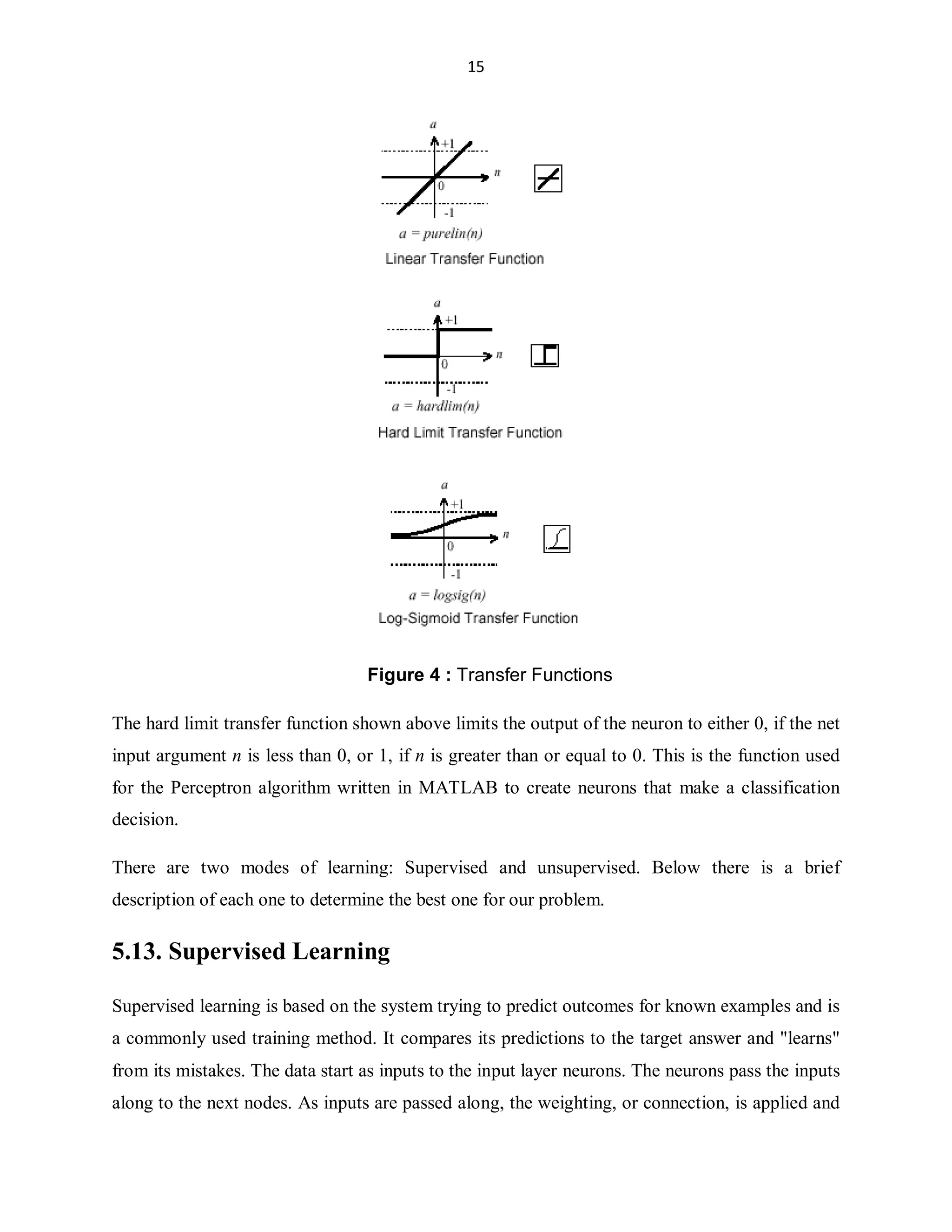 15

Figure 4 : Transfer Functions
The hard limit transfer function shown above limits the output of the neuron to either 0, if the net
input argument n is less than 0, or 1, if n is greater than or equal to 0. This is the function used
for the Perceptron algorithm written in MATLAB to create neurons that make a classification
decision.
There are two modes of learning: Supervised and unsupervised. Below there is a brief
description of each one to determine the best one for our problem.

5.13. Supervised Learning
Supervised learning is based on the system trying to predict outcomes for known examples and is
a commonly used training method. It compares its predictions to the target answer and learns
from its mistakes. The data start as inputs to the input layer neurons. The neurons pass the inputs
along to the next nodes. As inputs are passed along, the weighting, or connection, is applied and

 