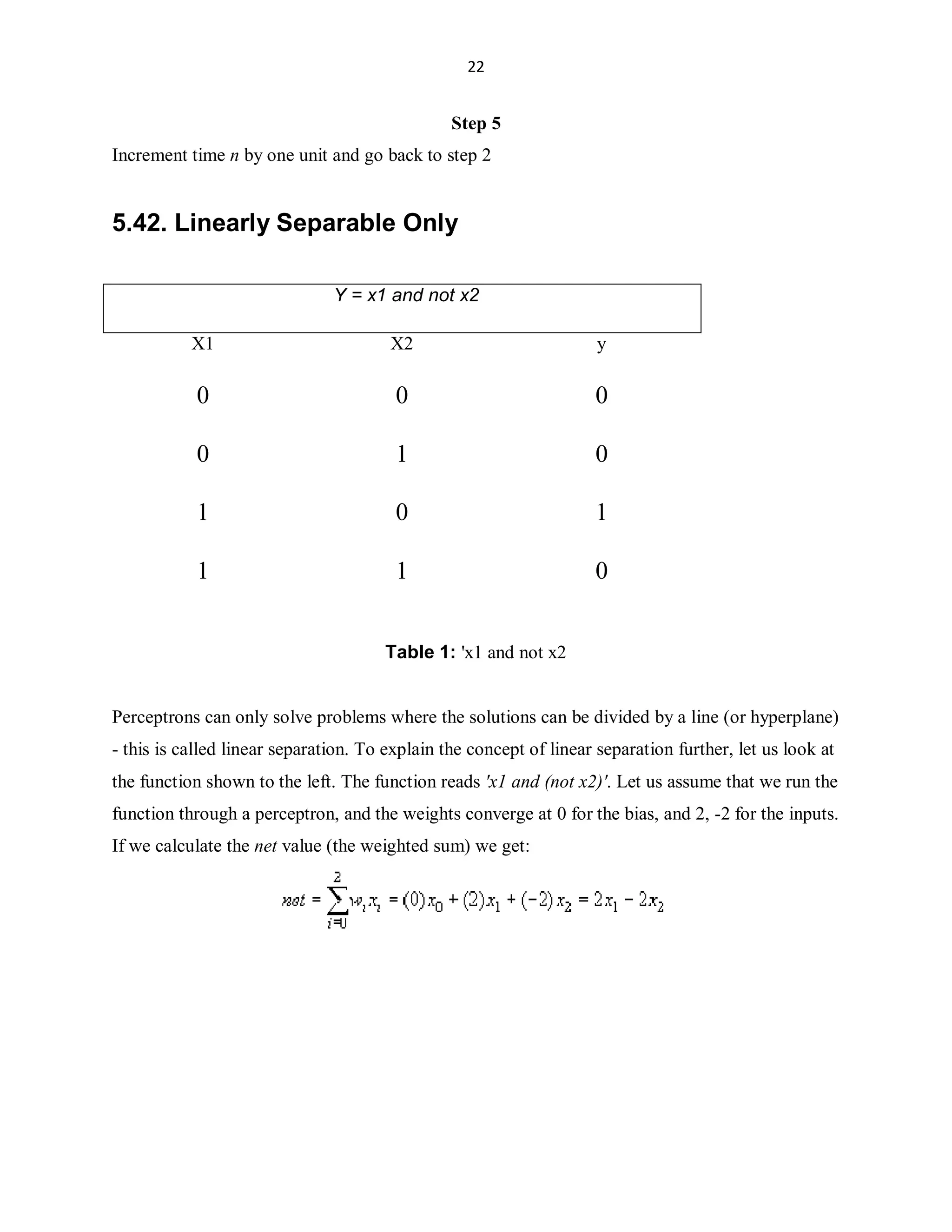 22

Step 5
Increment time n by one unit and go back to step 2

5.42. Linearly Separable Only
Y = x1 and not x2
X1

X2

y

0

0

0

0

1

0

1

0

1

1

1

0

Table 1: 'x1 and not x2

Perceptrons can only solve problems where the solutions can be divided by a line (or hyperplane)
- this is called linear separation. To explain the concept of linear separation further, let us look at
the function shown to the left. The function reads 'x1 and (not x2)'. Let us assume that we run the
function through a perceptron, and the weights converge at 0 for the bias, and 2, -2 for the inputs.
If we calculate the net value (the weighted sum) we get:

 