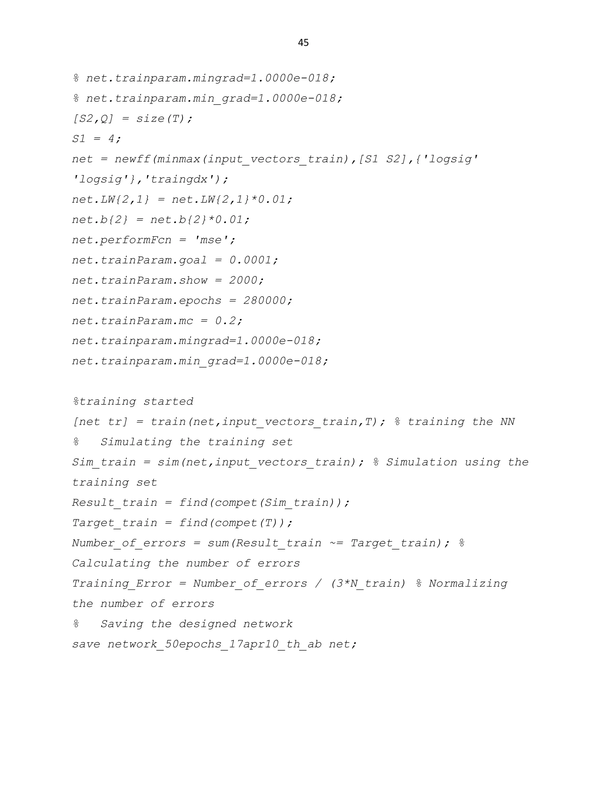 45

% net.trainparam.mingrad=1.0000e-018;
% net.trainparam.min_grad=1.0000e-018;
[S2,Q] = size(T);
S1 = 4;
net = newff(minmax(input_vectors_train),[S1 S2],{'logsig'
'logsig'},'traingdx');
net.LW{2,1} = net.LW{2,1}*0.01;
net.b{2} = net.b{2}*0.01;
net.performFcn = 'mse';
net.trainParam.goal = 0.0001;
net.trainParam.show = 2000;
net.trainParam.epochs = 280000;
net.trainParam.mc = 0.2;
net.trainparam.mingrad=1.0000e-018;
net.trainparam.min_grad=1.0000e-018;
%training started
[net tr] = train(net,input_vectors_train,T); % training the NN
%

Simulating the training set

Sim_train = sim(net,input_vectors_train); % Simulation using the
training set
Result_train = find(compet(Sim_train));
Target_train = find(compet(T));
Number_of_errors = sum(Result_train ~= Target_train); %
Calculating the number of errors
Training_Error = Number_of_errors / (3*N_train) % Normalizing
the number of errors
%

Saving the designed network

save network_50epochs_17apr10_th_ab net;

 