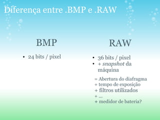 Diferença entre .BMP e .RAW BMP 24 bits / pixel RAW 36 bits / pixel +  snapshot  da máquina          = Abertura do diafragma + tempo de exposição + filtros utilizados + ...  +  medidor de bateria? 