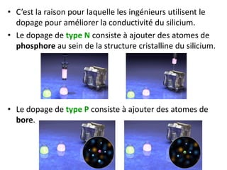 • C’est la raison pour laquelle les ingénieurs utilisent le
dopage pour améliorer la conductivité du silicium.
• Le dopage de type N consiste à ajouter des atomes de
phosphore au sein de la structure cristalline du silicium.
• Le dopage de type P consiste à ajouter des atomes de
bore.
 