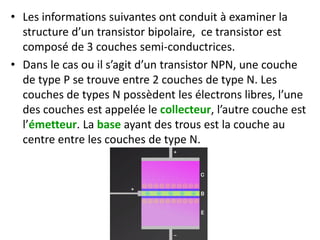 • Les informations suivantes ont conduit à examiner la
structure d’un transistor bipolaire, ce transistor est
composé de 3 couches semi-conductrices.
• Dans le cas ou il s’agit d’un transistor NPN, une couche
de type P se trouve entre 2 couches de type N. Les
couches de types N possèdent les électrons libres, l’une
des couches est appelée le collecteur, l’autre couche est
l’émetteur. La base ayant des trous est la couche au
centre entre les couches de type N.
 