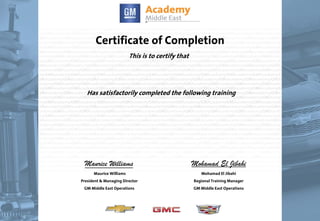 Certificate of Completion
This is to certify that
Has satisfactorily completed the following training
Maurice Williams
Maurice Williams
President & Managing Director
GM Middle East Operations
Mohamad El Jibahi
Mohamad El Jibahi
Regional Training Manager
GM Middle East Operations
19/12/2010
Ahmed Abdellhadi
A1079.04ME
GM Difference Customer Enthusiasm
 