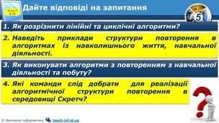 5
© Вивчаємо інформатику teach-inf.at.ua
Дайте відповіді на запитання
1. Як розрізнити лінійні та циклічні алгоритми?
2. Наведіть приклади структури повторення в
алгоритмах із навколишнього життя, навчальної
діяльності.
3. Як виконувати алгоритми з повторенням з навчальної
діяльності та побуту?
4. Які команди слід добрати для реалізації
алгоритмічної структури повторення в
середовищі Скретч?
Розділ 4
§ 22
 