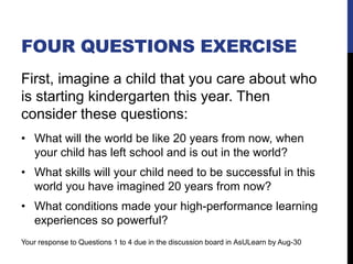FOUR QUESTIONS EXERCISE
First, imagine a child that you care about who
is starting kindergarten this year. Then
consider these questions:
• What will the world be like 20 years from now, when
your child has left school and is out in the world?
• What skills will your child need to be successful in this
world you have imagined 20 years from now?
• What conditions made your high-performance learning
experiences so powerful?
Your response to Questions 1 to 4 due in the discussion board in AsULearn by Aug-30
 