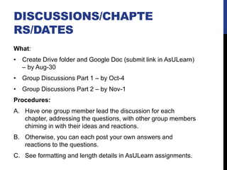 DISCUSSIONS/CHAPTE
RS/DATES
What:
• Create Drive folder and Google Doc (submit link in AsULearn)
– by Aug-30
• Group Discussions Part 1 – by Oct-4
• Group Discussions Part 2 – by Nov-1
Procedures:
A. Have one group member lead the discussion for each
chapter, addressing the questions, with other group members
chiming in with their ideas and reactions.
B. Otherwise, you can each post your own answers and
reactions to the questions.
C. See formatting and length details in AsULearn assignments.
 