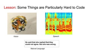 Lesson: Some Things are Particularly Hard to Code
Vision
Natural Language
Speech
He said that she replied that they
could not agree. But she was wrong.
 