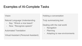 Examples of AI-Complete Tasks
Vision
Natural Language Understanding
- Say: “Wreck a nice beach”
- Now: “Recognize speech”
Automated Translation
Virtual Assistant (Personal Assistant)
Holding a conversation
Truly summarizing text
Dealing with the real world
- Navigation
- Planning
- Adapting to new environments
 
